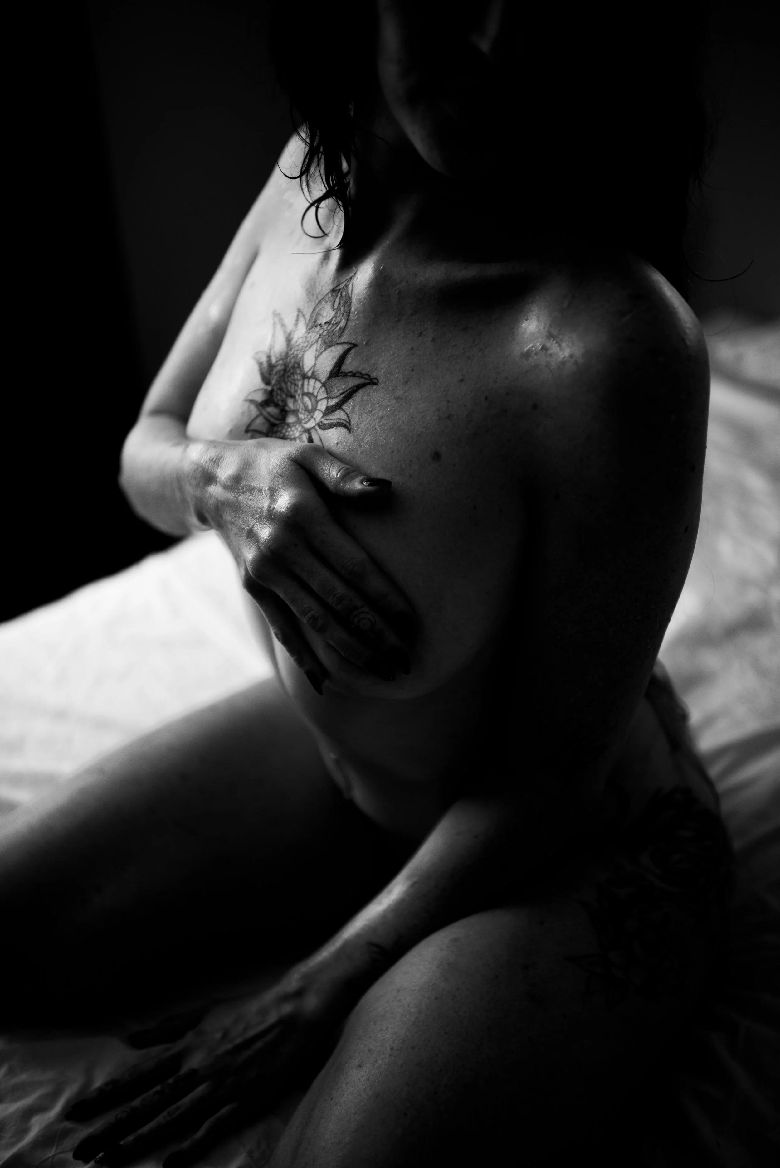 after shower wet artistic nude with handbra