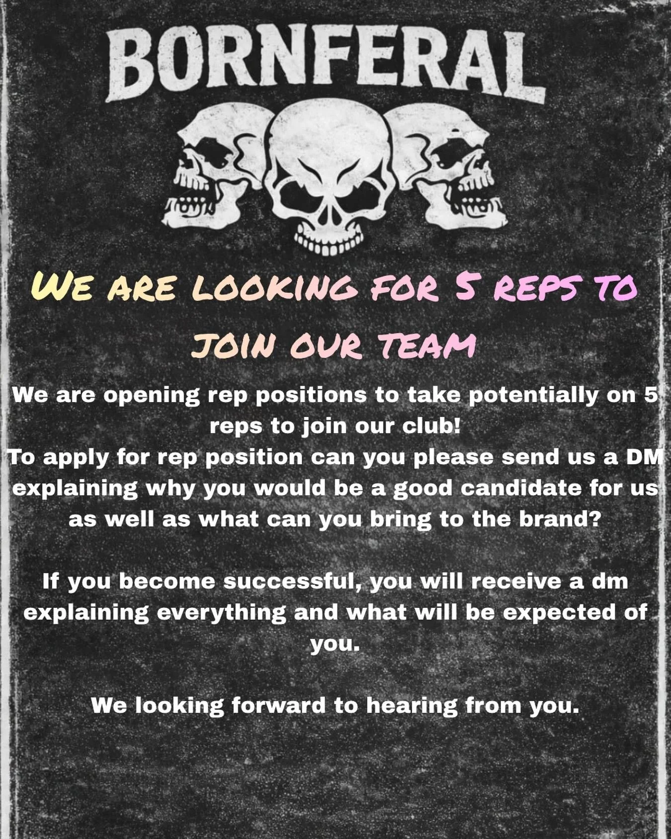 We have opened up 5 rep positions to join our team!

Have you got what it takes to help us represent the club? If yes then we would love to hear from you!

Send us a dm stating why you be a good fit to our club as well what can you bring to the club?