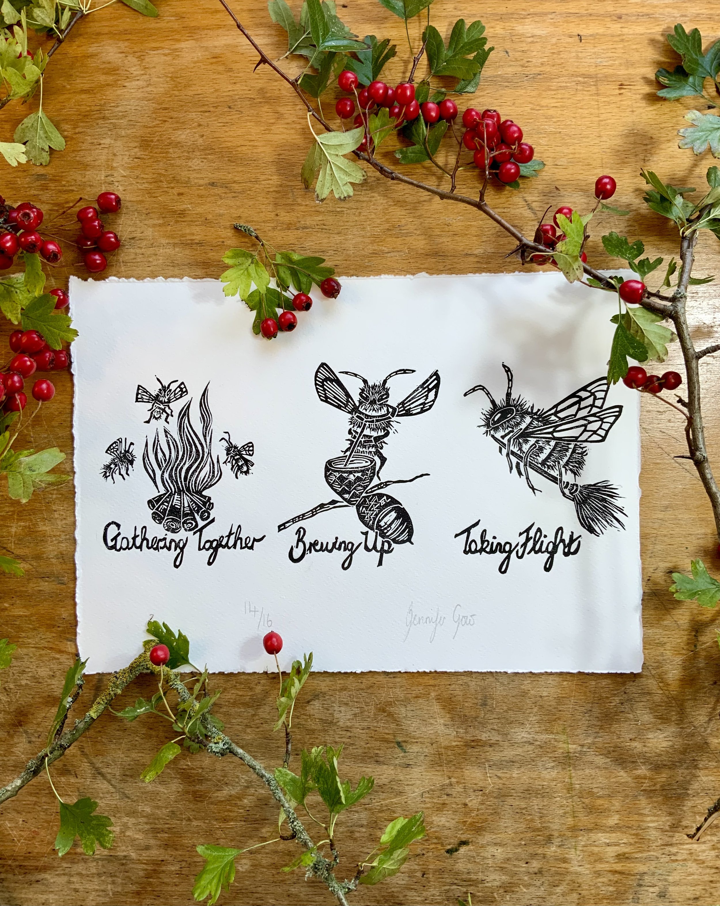 Witchy Bees || Linocut