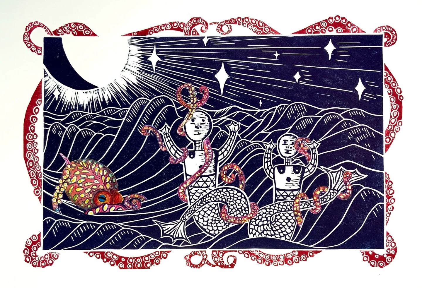 My first submission to &lsquo;Odyssey&rsquo; @sussexcontemporary and @hastings.contemporary 
Keep your fingers crossed for me 🤞
I should say that slide 4 is what this looks like from the back. All the watercolour pieces are slotted into the linocut 