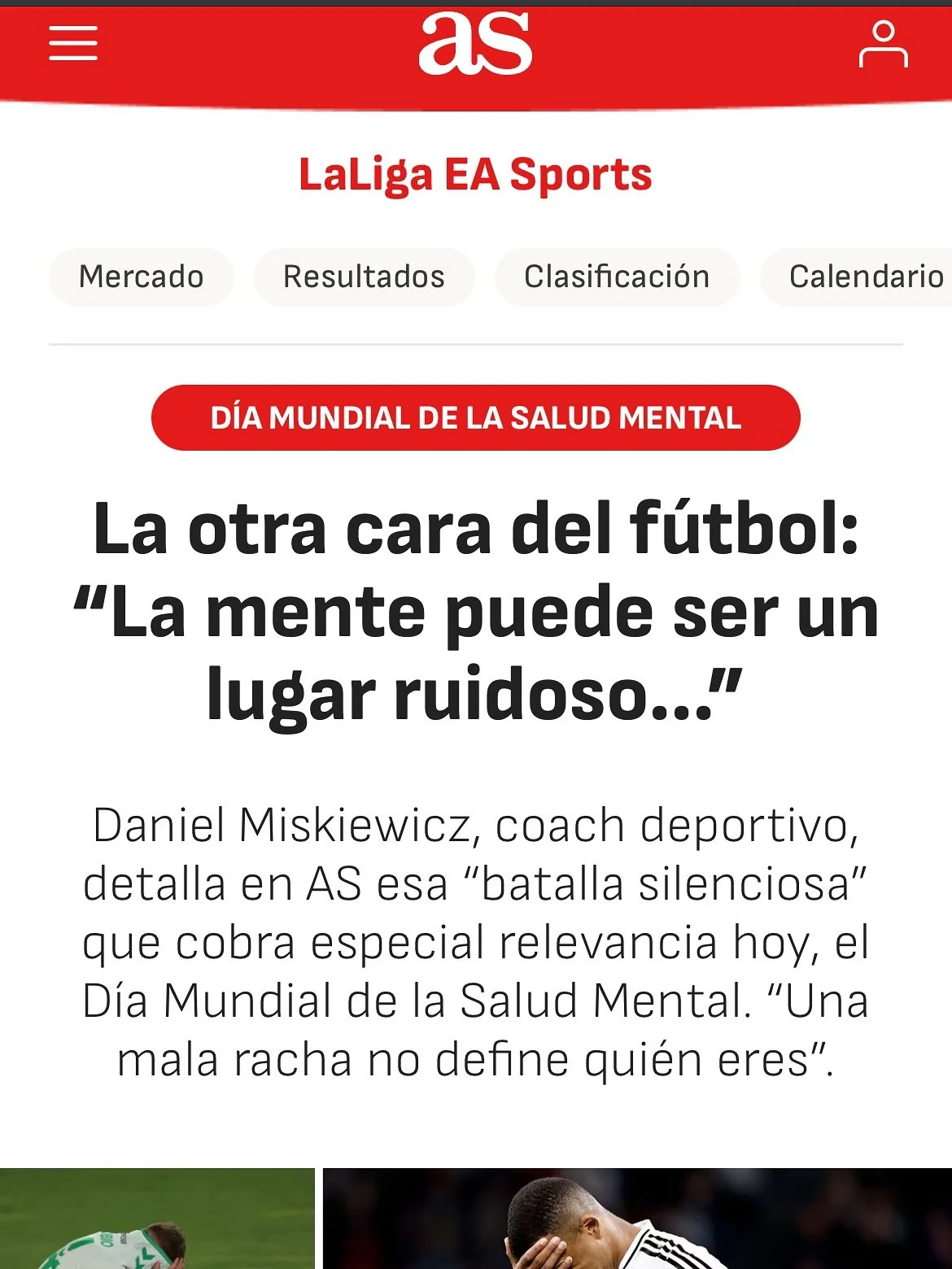 Hoy es el D&iacute;a Mundial de la Salud Mental y tuve la oportunidad de conversar con Diario AS @diarioas sobre la cara menos reconocida del deporte:
 La que no se ve, pero se siente.  La que late en los silencios previos a un penalti, en el vestuar