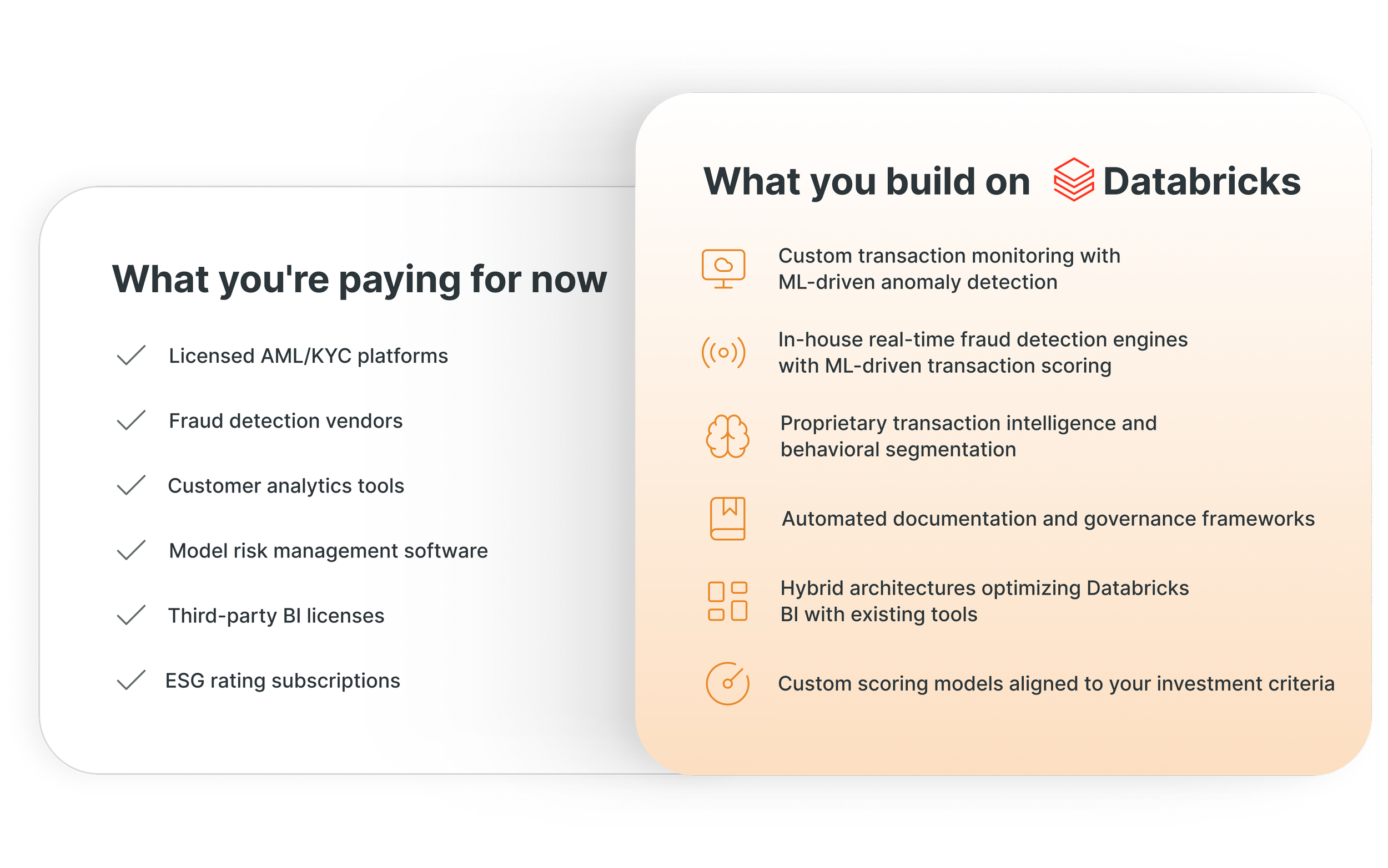 Build on Databricks vs What you're paying now comparison for financial services. Replace legacy AML/KYC, fraud detection, and BI tools with custom Databricks-native ML and governance solutions