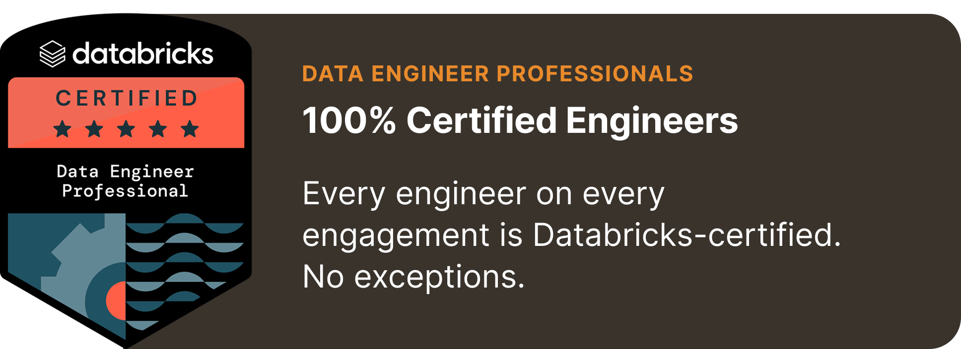 Databricks Certified Data Engineer Professional badge — 100% certified engineers on every engagement, no exceptions