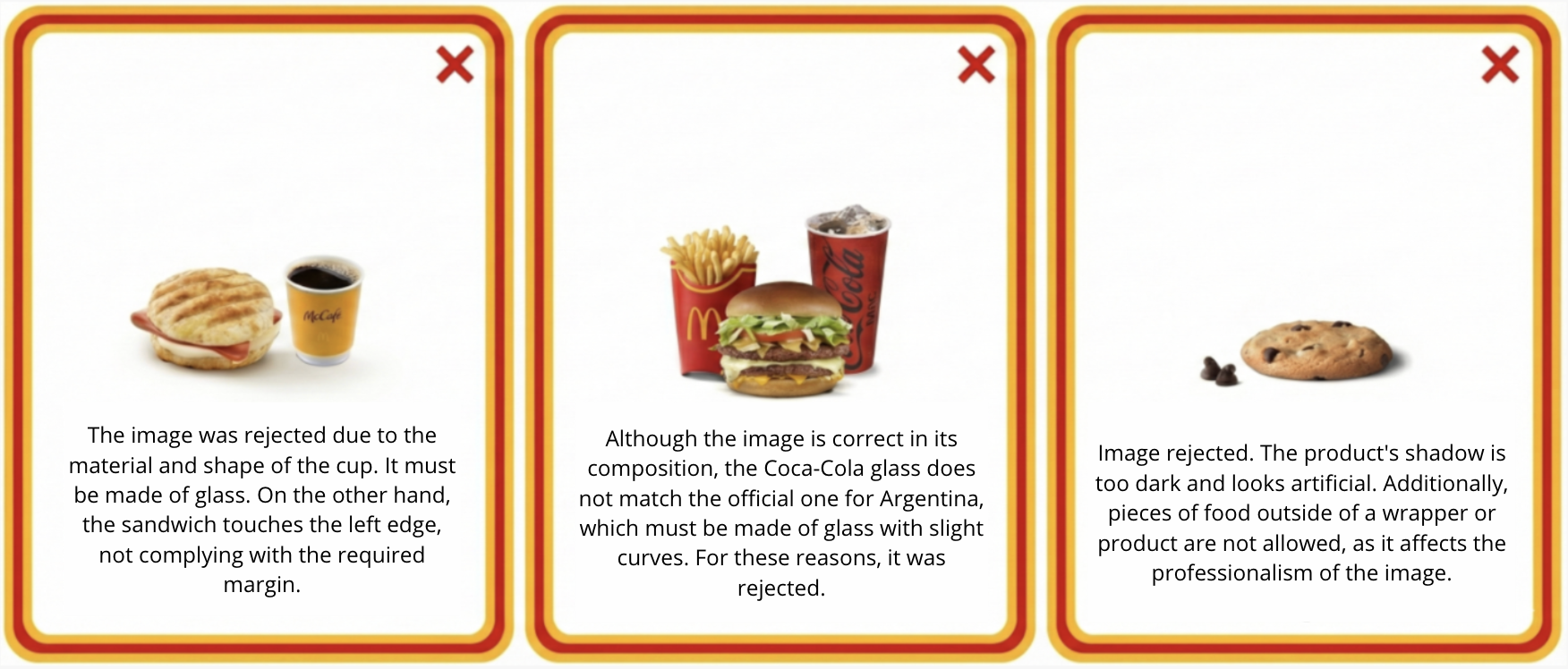 Three catalog images rejected by the agent, each with the reason written out
