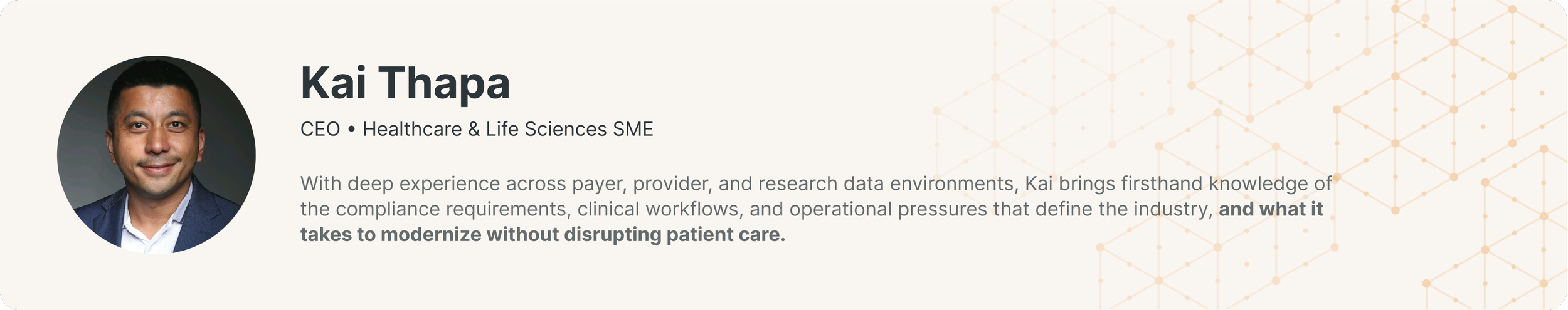 Kai Thapa, CEO and Healthcare & Life Sciences SME at SunnyData — deep expertise across payer, provider, and research data environments on Databricks