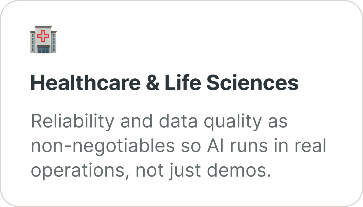 Healthcare and Life Sciences industry card — Databricks solutions built on reliability and data quality so AI runs in real operations, not just demos