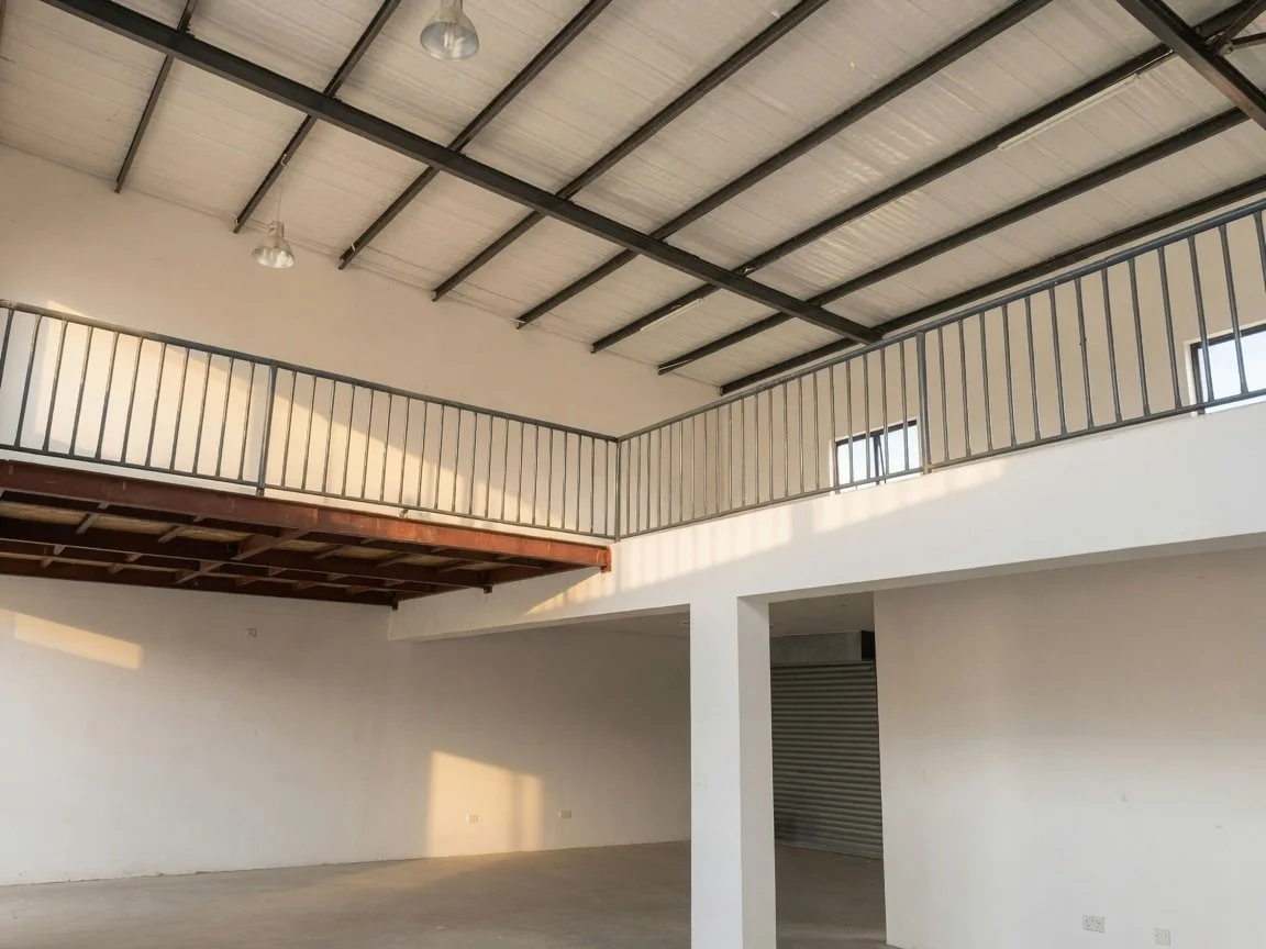 Upper floor mezzanine with metal railing overlooking commercial space, for workshop, warehouse or offices, atSetlhoa Gaborone for sale.