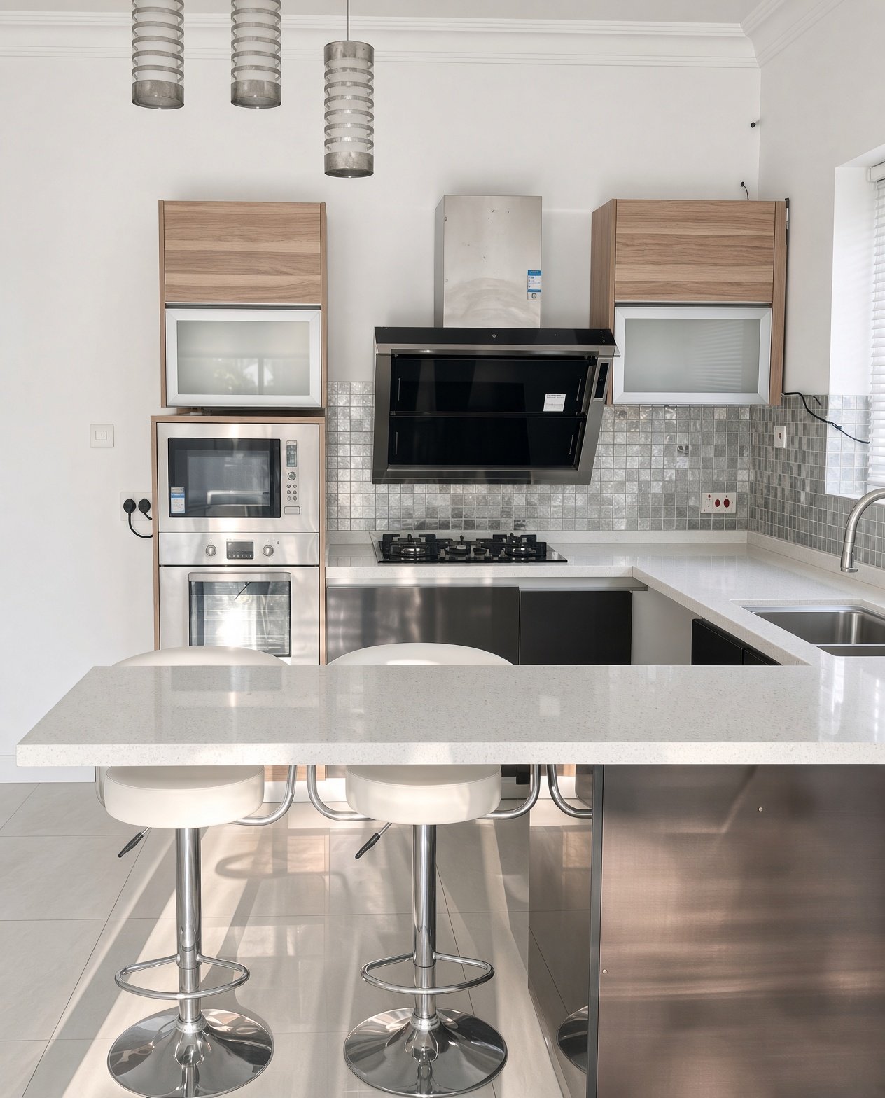 Modern kitchen with granite-look island, breakfast bar stools, oven and extractor in an apartment for rent Gaborone