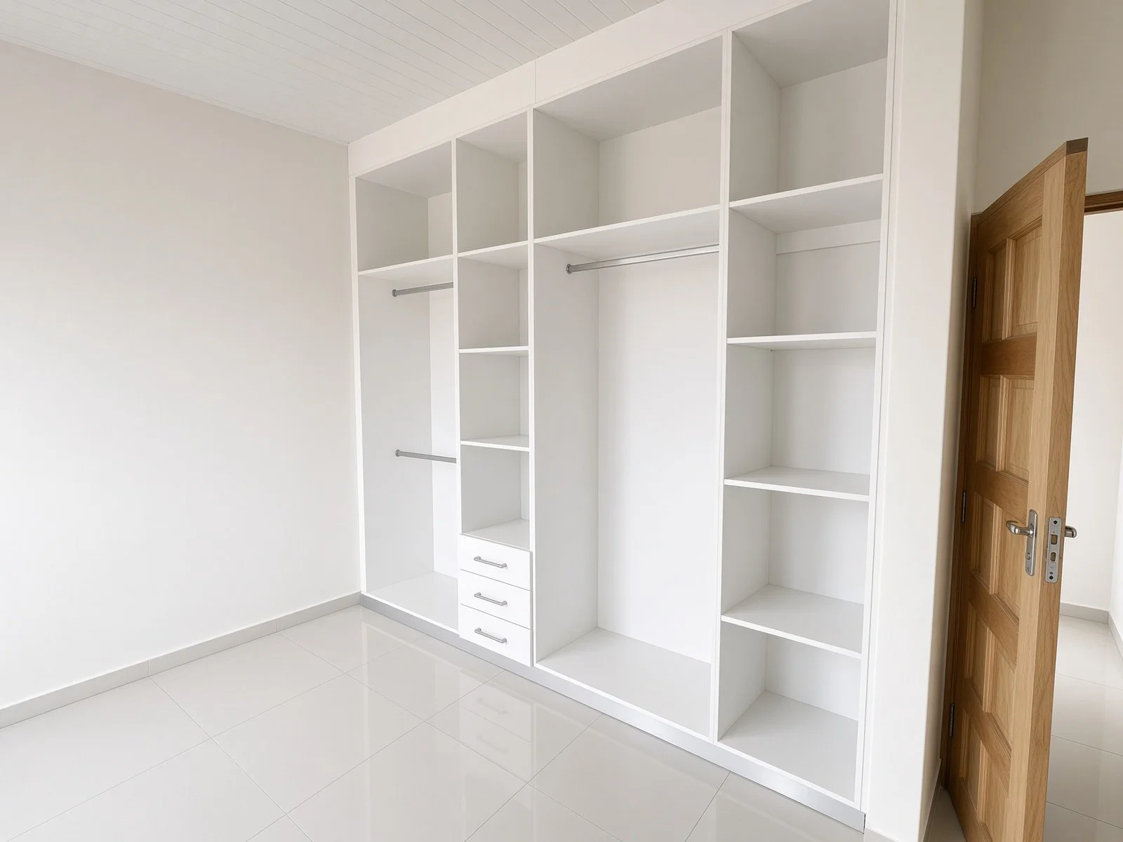 Floor-to-ceiling white built-in wardrobe with hanging rails, shelves and drawers, Gaborone family home