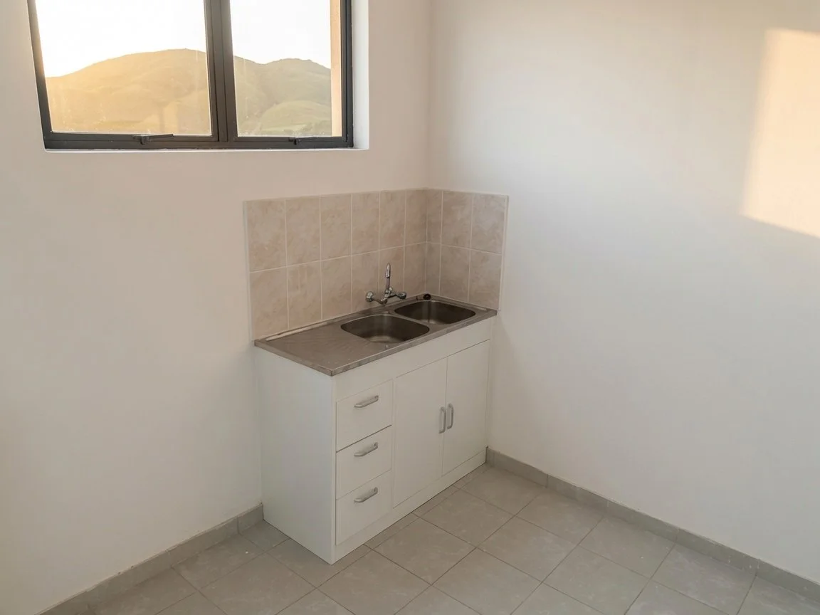 Kitchenette with double sink and tiled backsplash in commercial property for rent Setlhoa Gaborone