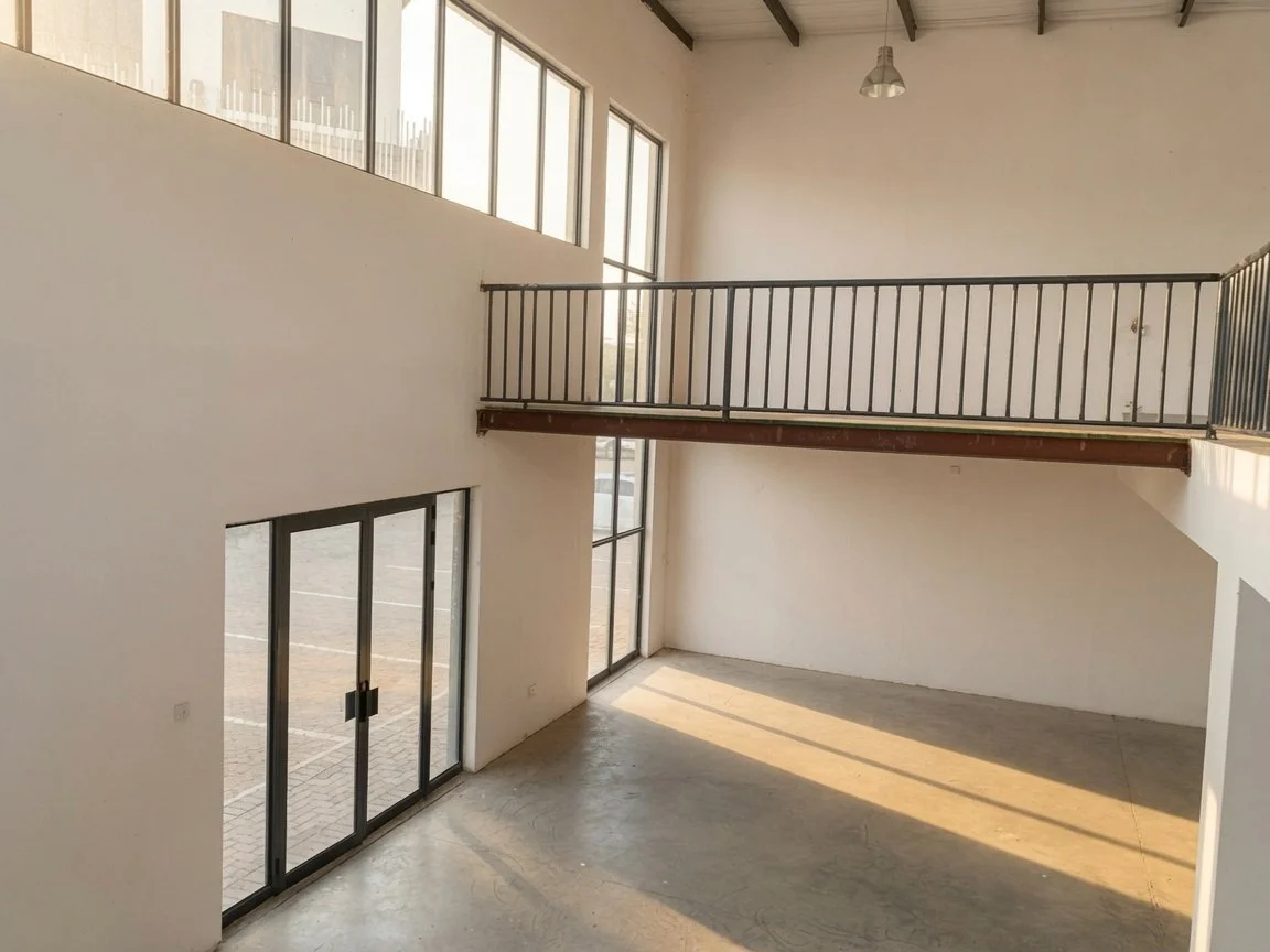 Modern double-storey commercial interior with glass doors and upper balcony in commercial building for sale atBlock 10 Setlhoa Gaborone. Ideal for restaurant, studio, retail, spa, gym, etc.