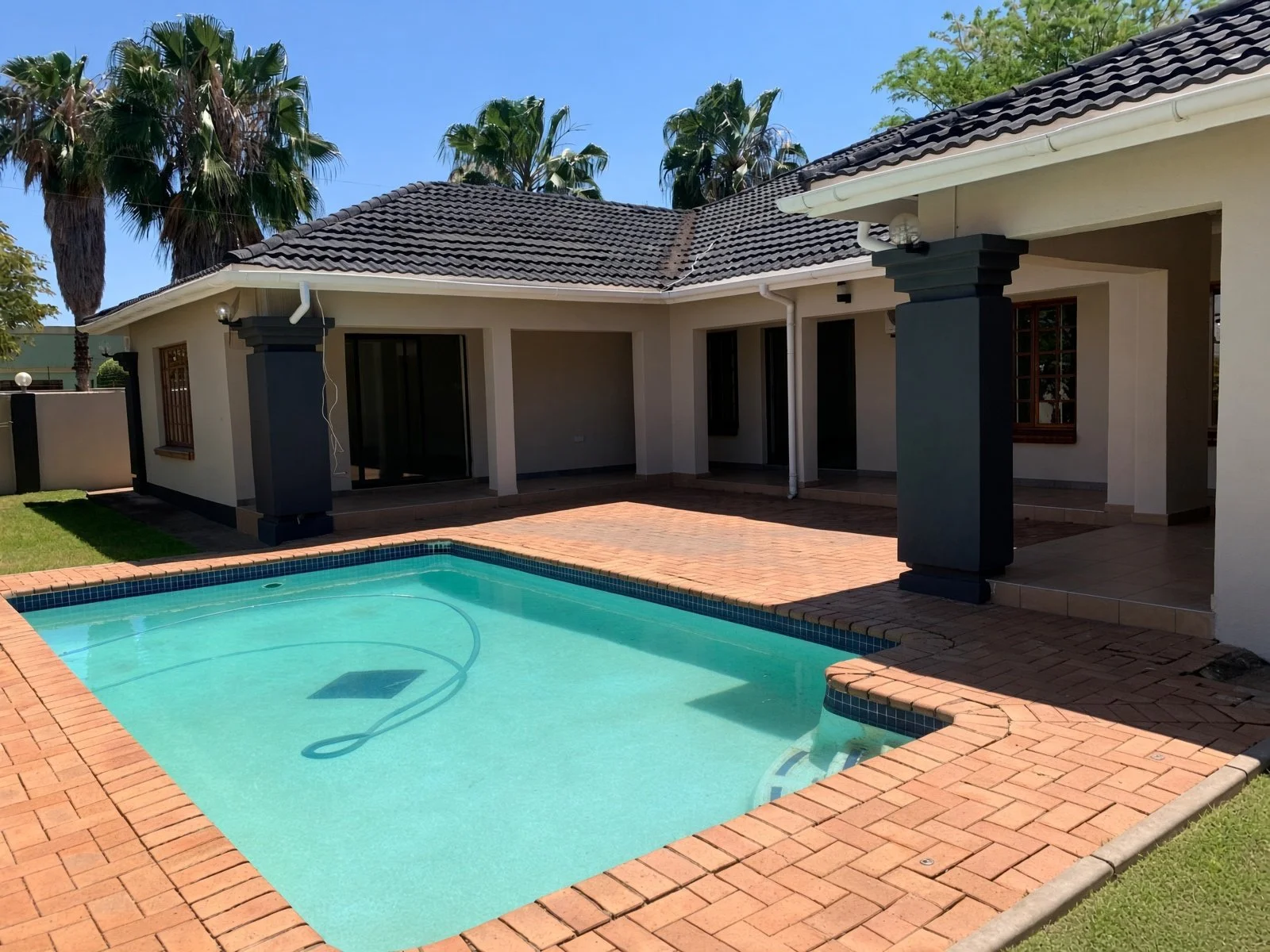 Private swimming pool with brick paving, lawn and palms at a 4-bedroom house for rent in Phakalane