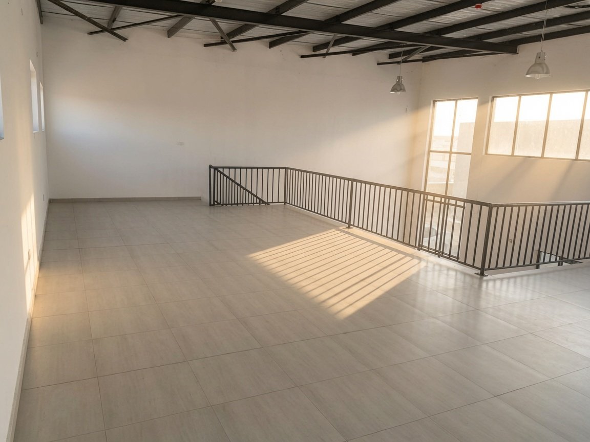 Spacious mezzanine floor or gallery with safety railing in 200sqm commercial unit for sale at Setlhoa. 