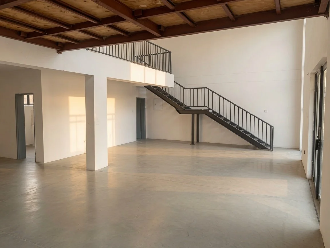 Double-storey commercial warehouse interior with staircase and mezzanine level for sale Setlhoa Gaborone