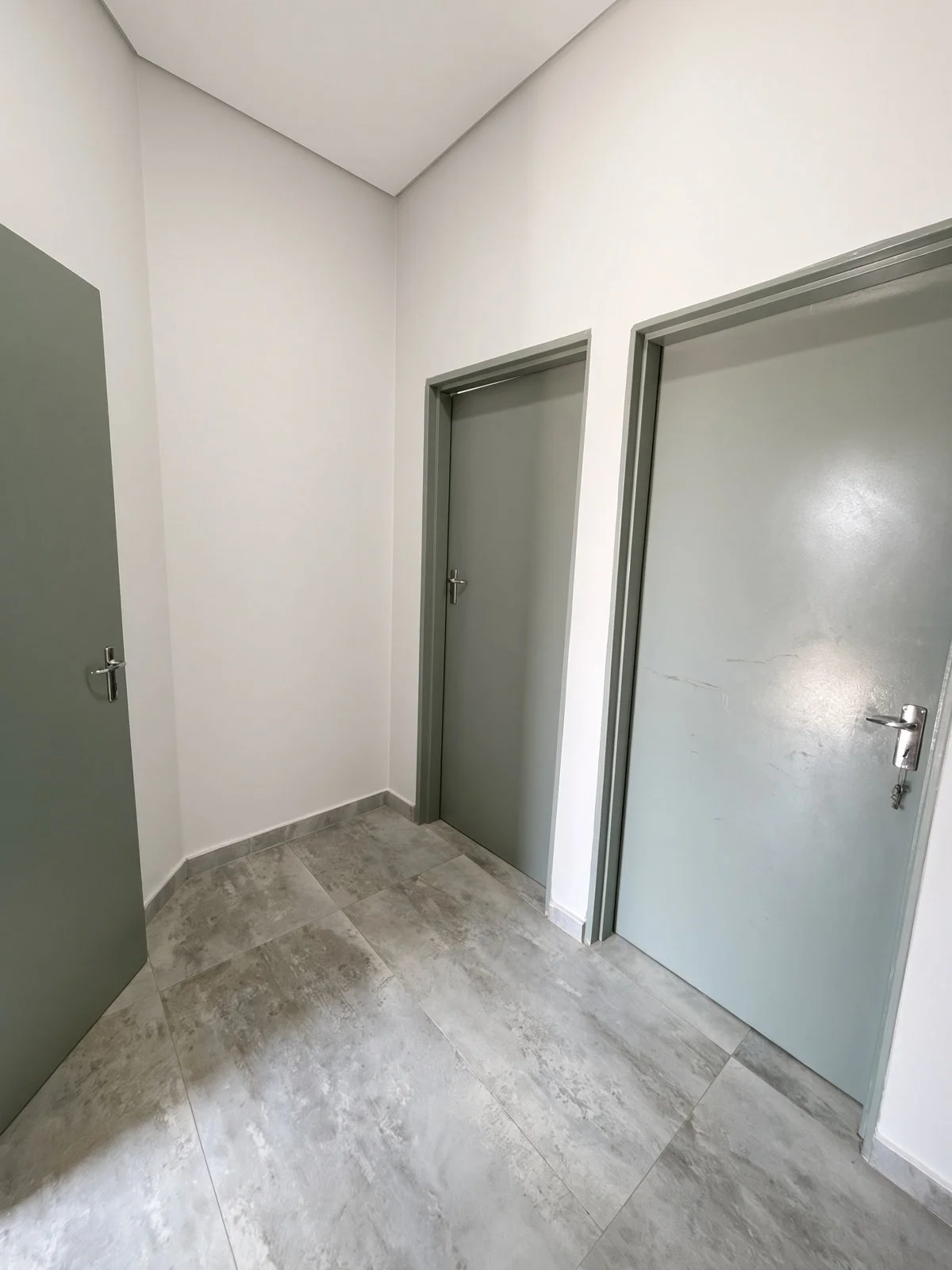 Hallway with grey-green doors and marble-look tiles in a 2-bedroom house for rent in Maruapula