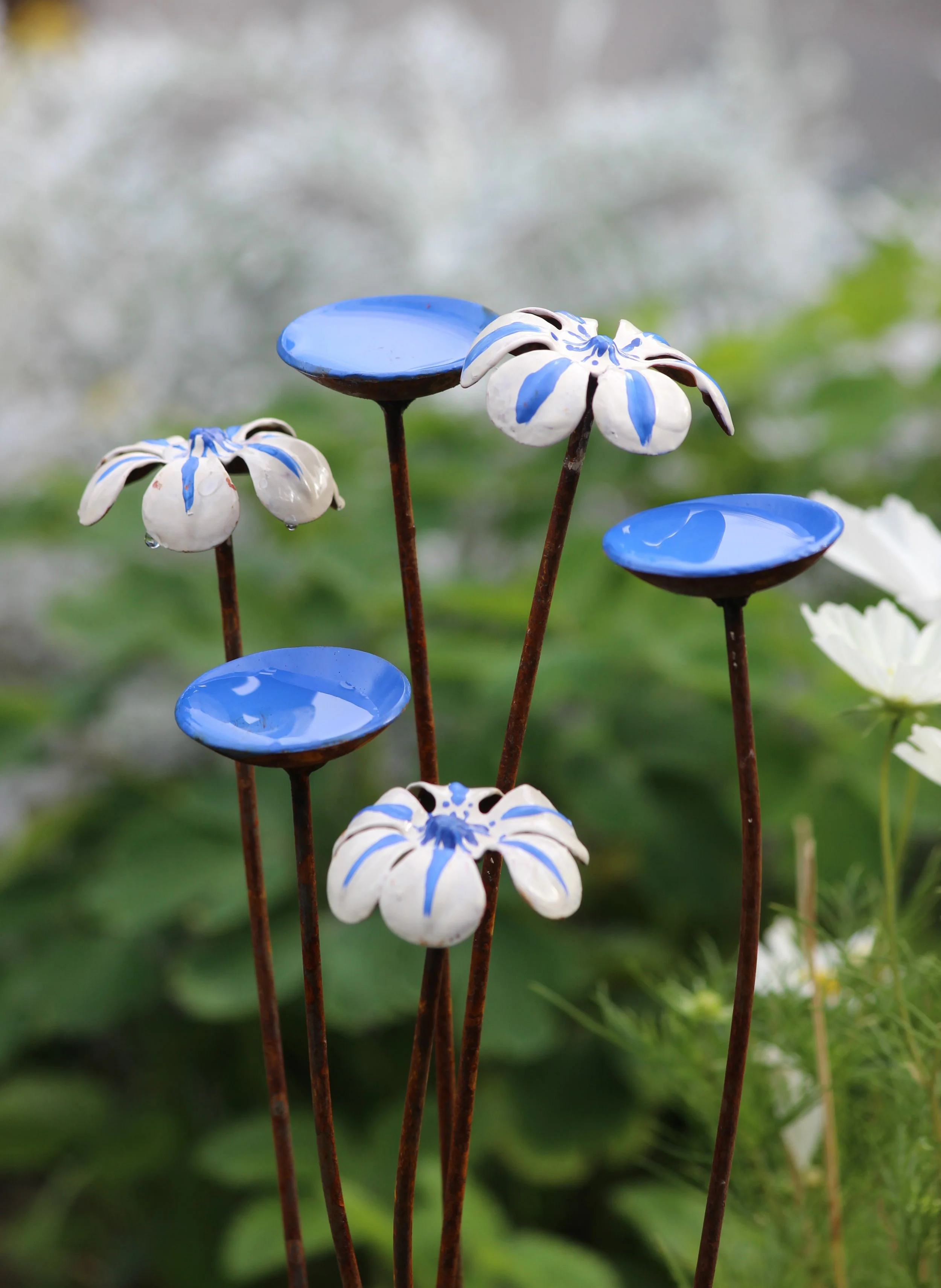 Blue & White Flower Bee and Butterfly Water Station Garden Sculpture