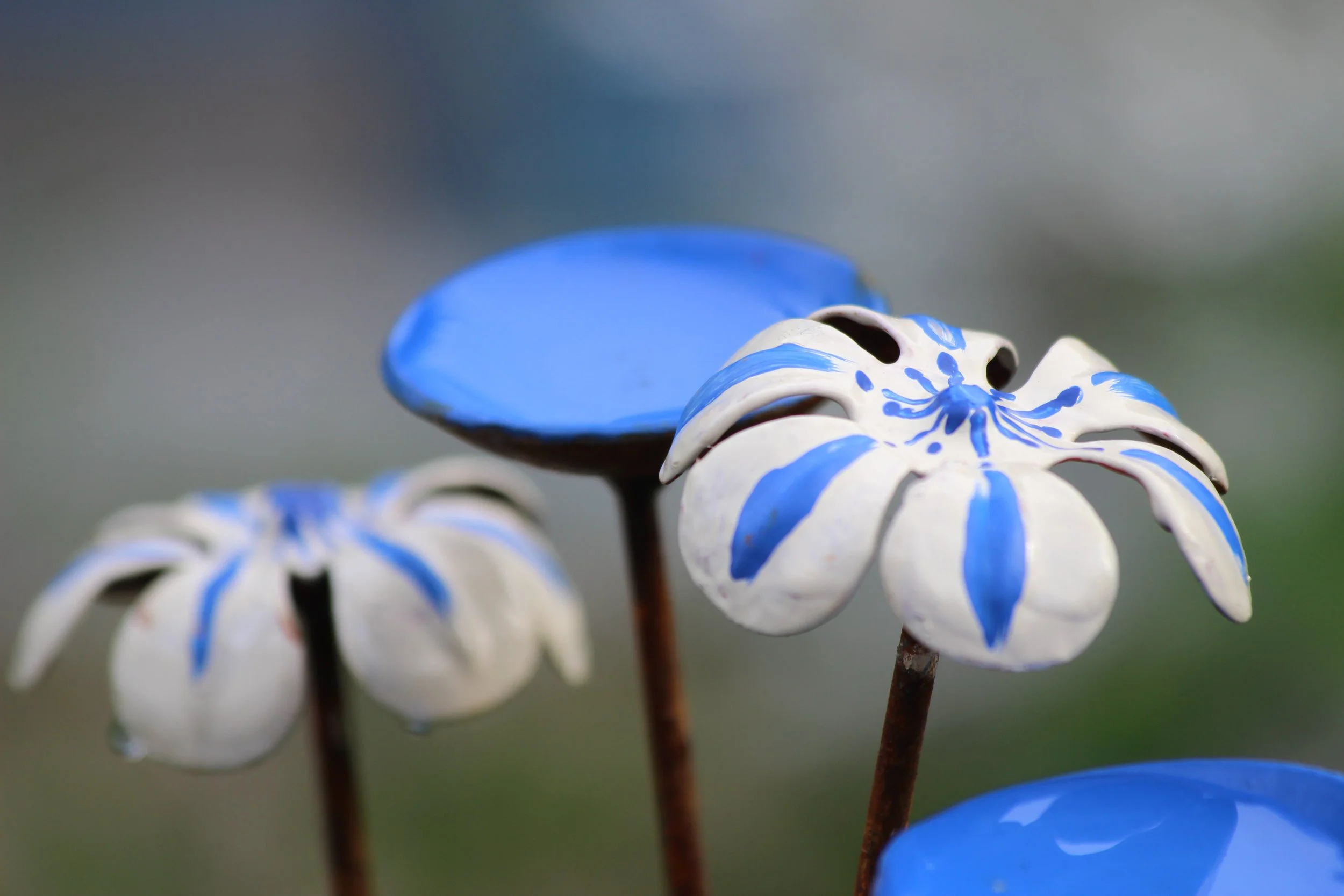bee water station and blue flower garden Handmade bee water station for pollinators, blue and white garden sculpture with shallow water dishes