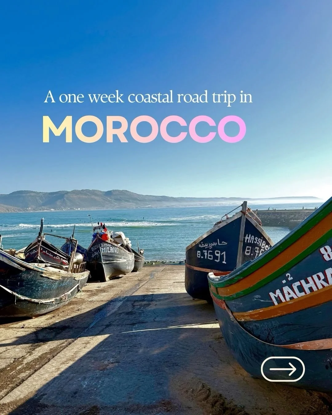 The perfect one week coastal road trip in Morocco 🌊 Save for your next trip 🇲🇦 ⬇️

✈️ Fly to Agadir 

🚗 Drive 50 minutes to Taghazout

🏨 Stay 3 nights in Taghazout, Morocco&rsquo;s hip surf destination, or Tamraght, it&rsquo;s sleepier sister to