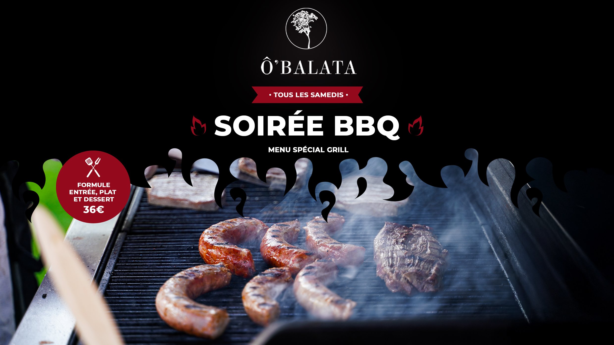 Affiche promotionnelle pour une soirée barbecue chaque samedi, proposant un menu spécial grill à 36 euros, avec des grillades telles que des saucisses et une pièce de viande sur un barbecue