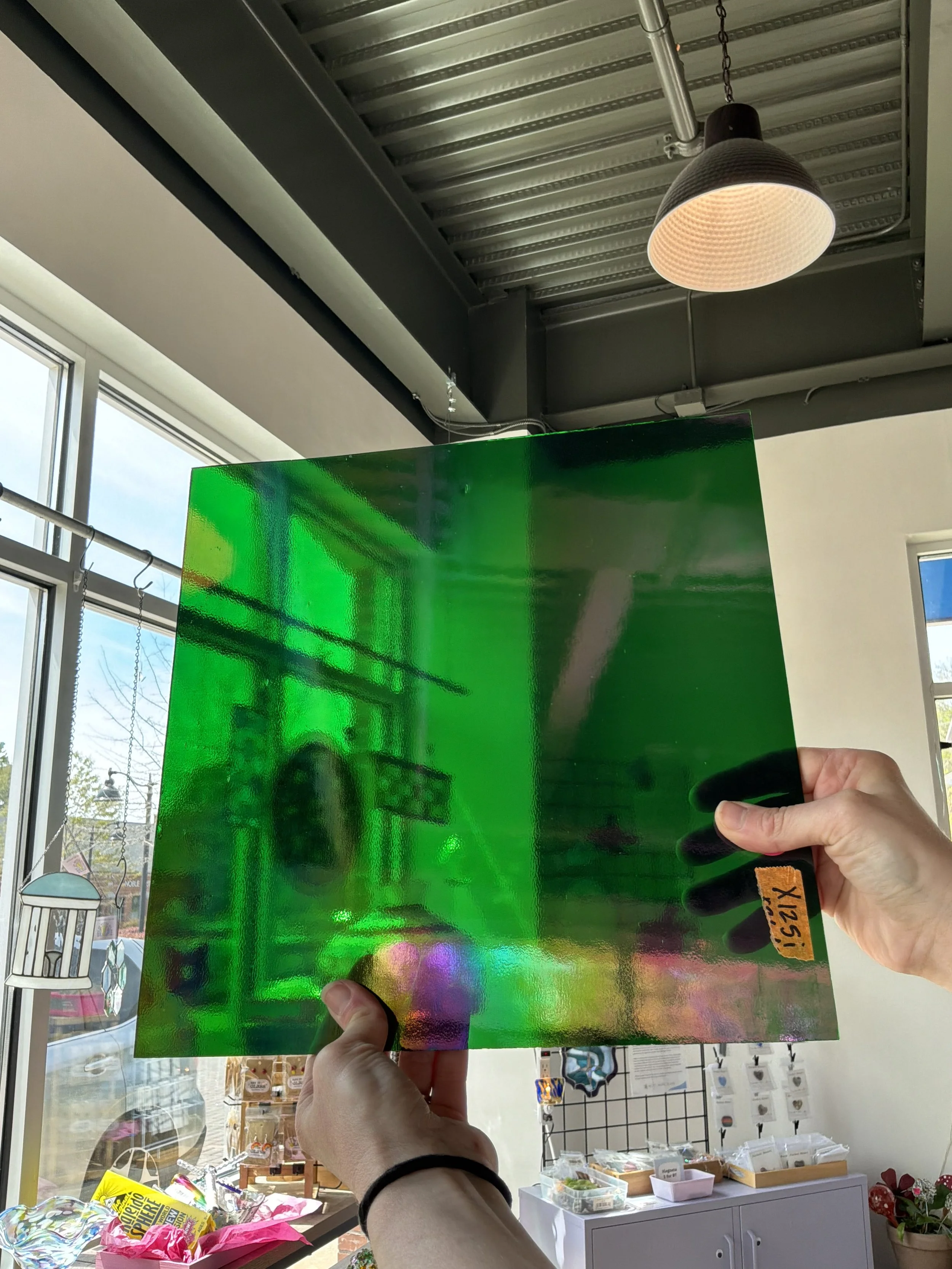 Story Sale Sheet: 12x12in Iridized Dark Green Transparent (X125i) 96 COE