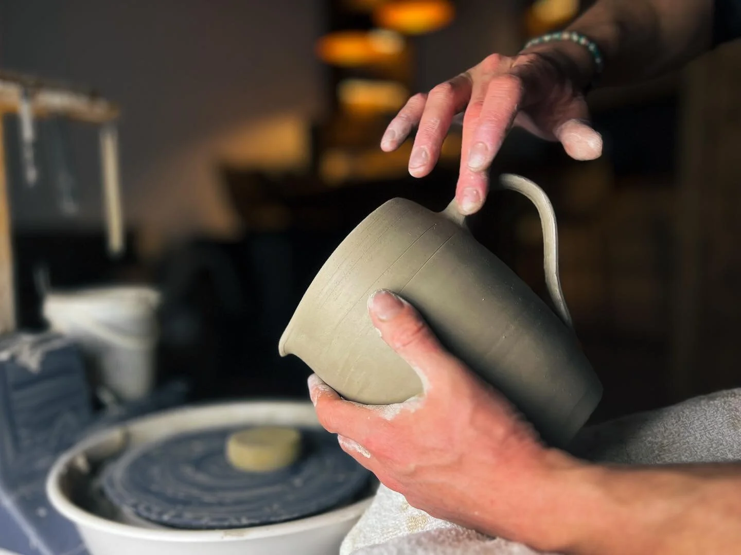 This morning, the pots thrown yesterday have been trimmed &amp; handles joined. The pots will now need 1-2 weeks of drying before the first &lsquo;biscuit&rsquo; firing in the kiln. #pottery #utilitypottery #tablewarepottery #wheelthrownpottery #ston