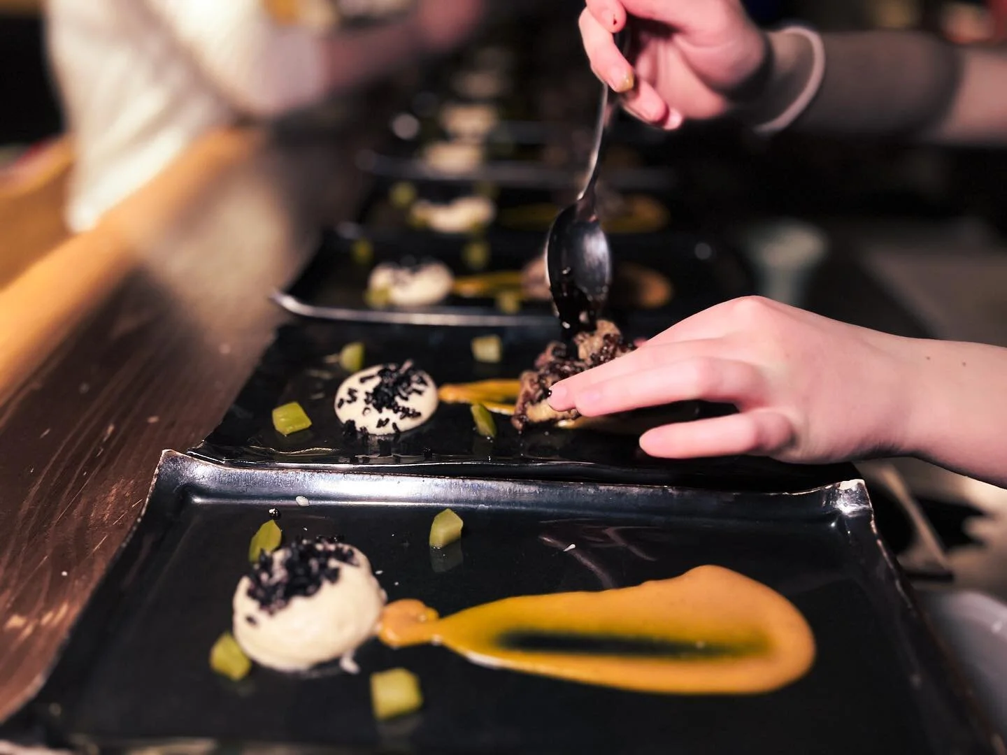 Another classic&hellip;.. Tamarind Glazed Chicken Wing with Sweet Potato &amp; Kaffir Lime Pur&eacute;e, Celeriac &amp; Wasabi Mousse, Pickled Cucumber &amp; Puffed Black Rice. The sweet potato pur&eacute;e is made by simmering peeled &amp; diced swe