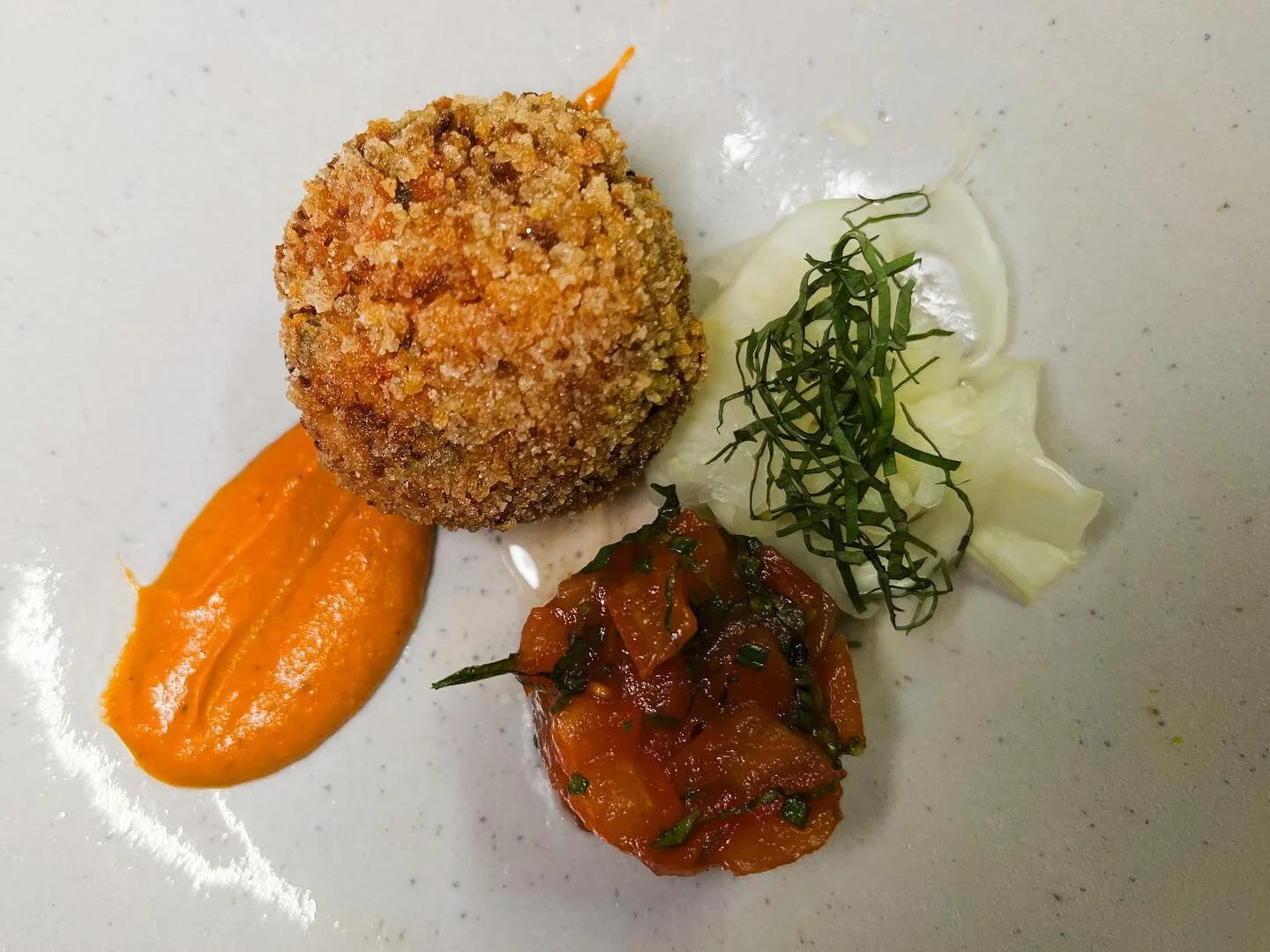 Tomato &amp; Basil Arancini with Shaved Fennel, Roasted Squash Pur&eacute;e &amp; Tomato Salsa. The Arancini is made by finishing the risotto with reduced chopped tomatoes (simmered until almost all the liquid has reduced) lots of fresh chopped basil