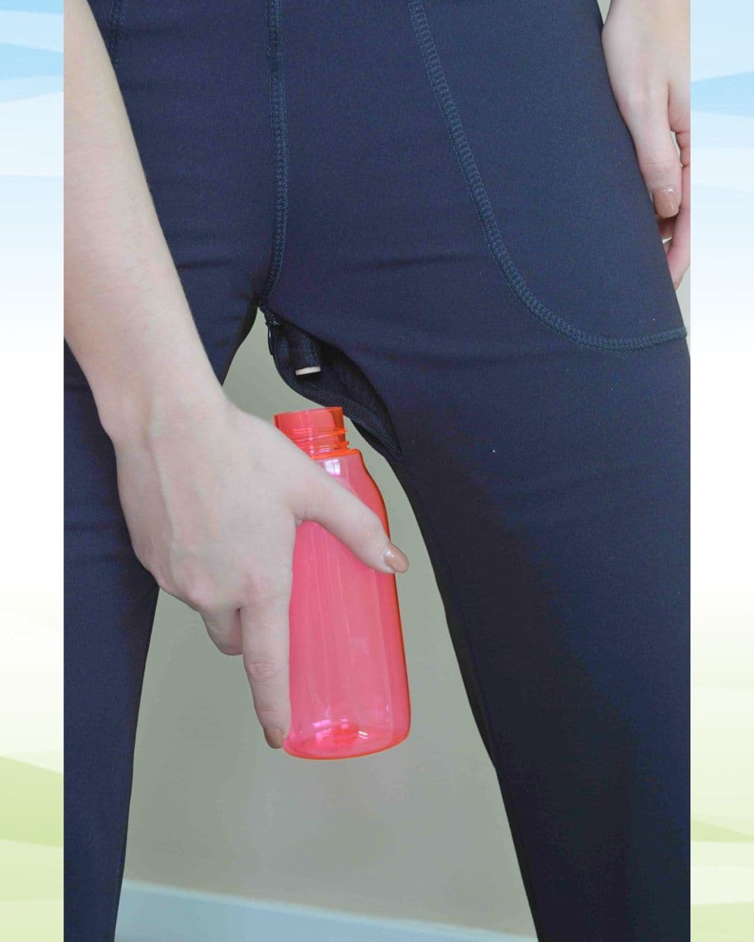 container held to Thighfly to pee through pants using GOthrough