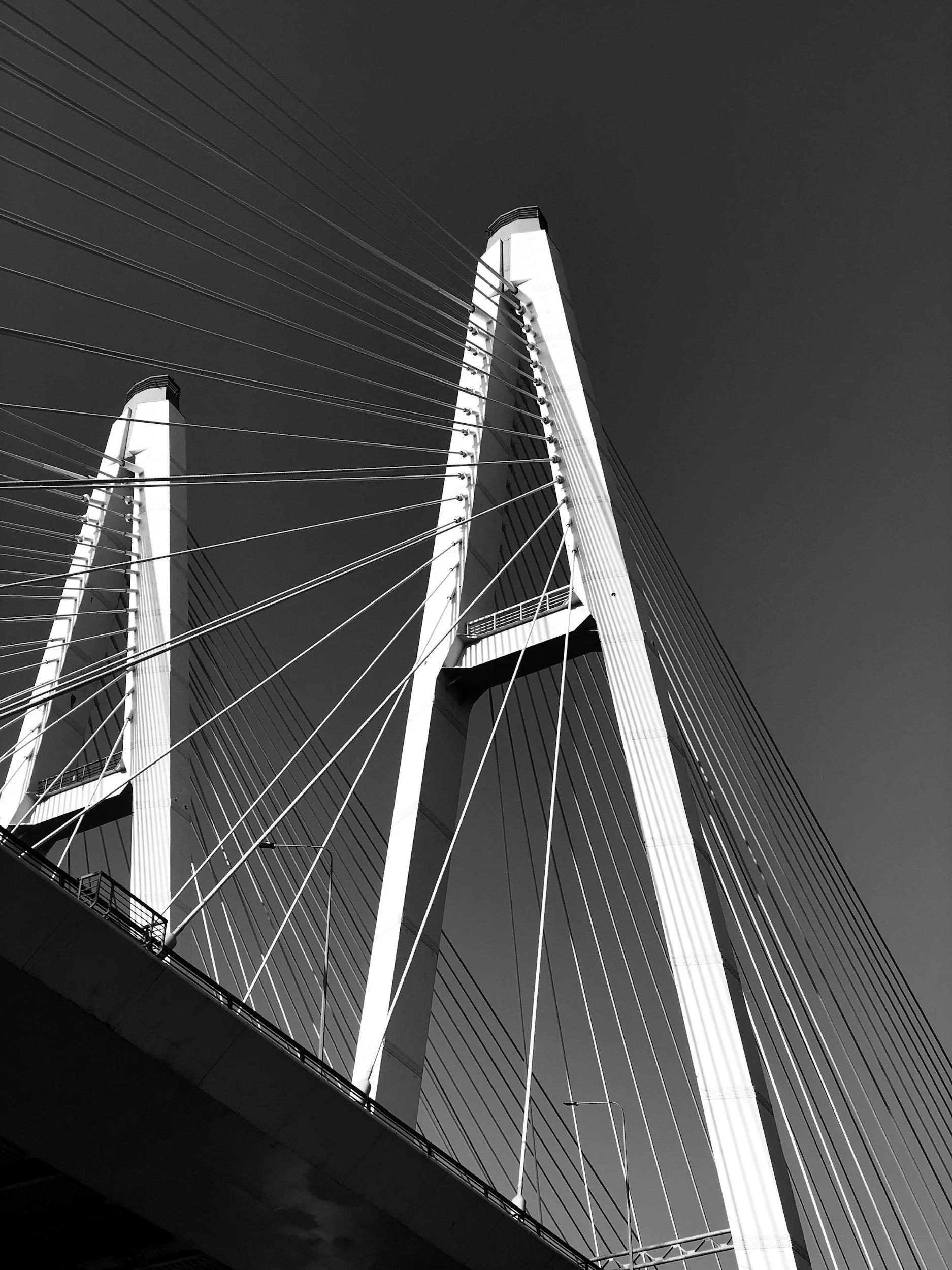 A black and white photo of a modern bridge with tall towers and numerous cables extending from the towers to support the bridge deck.