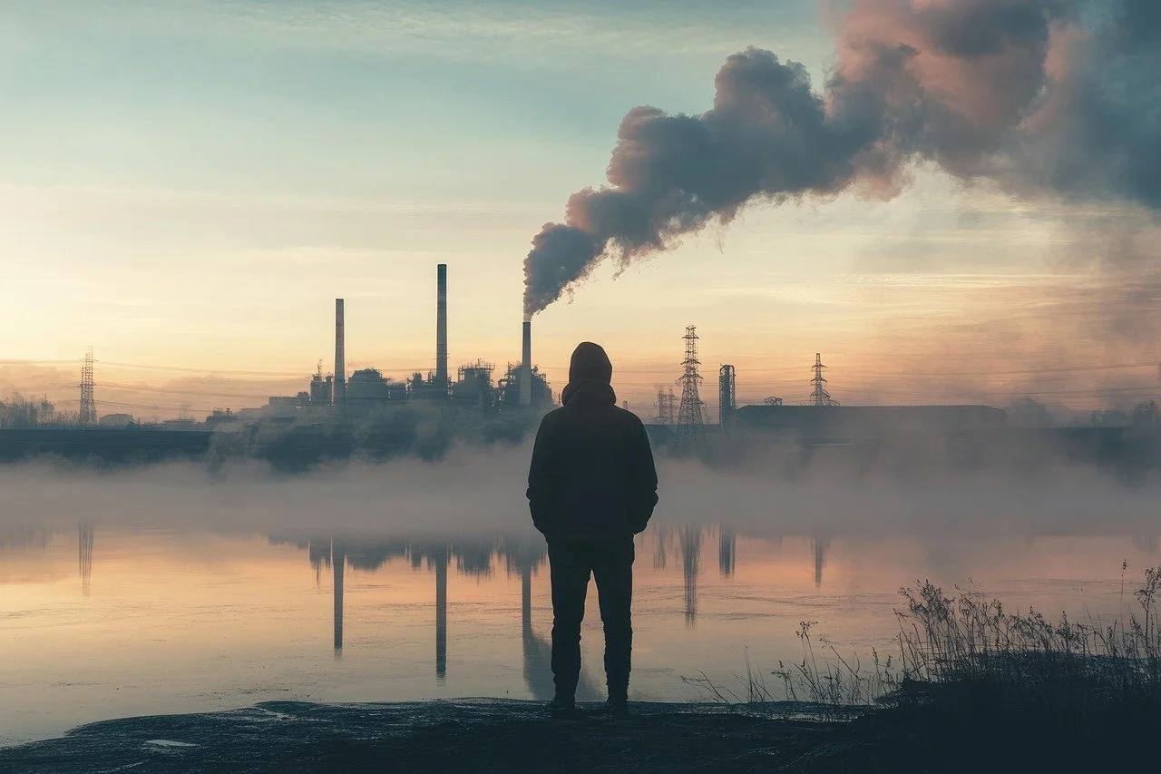 Picture of a person looking across a body of water at a greenhouse gas emitting industrial complex
