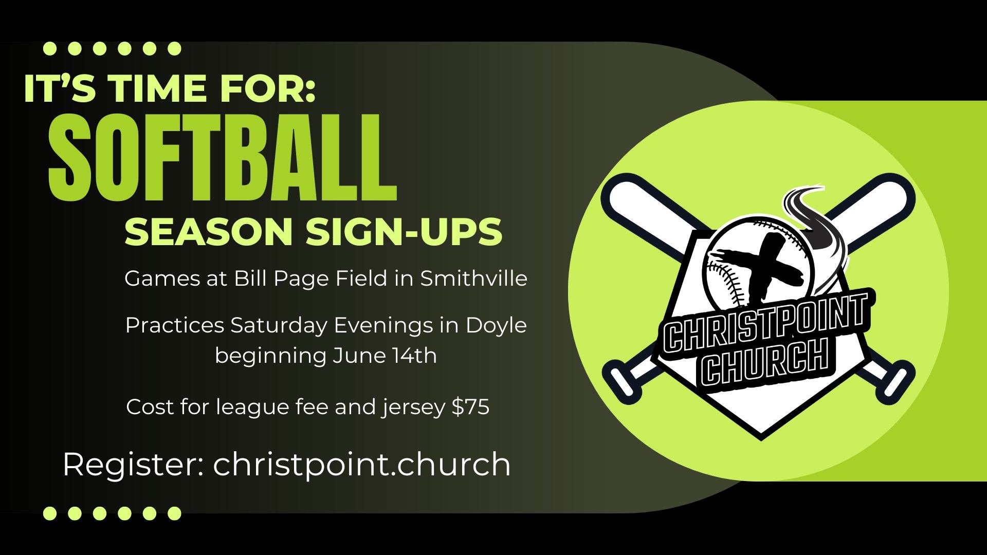 It's almost softball season! 

If you are interested in joining our team and playing with the church league, click the link to register today! 

https://christpointlive.churchcenter.com/registrations/events/2973575
