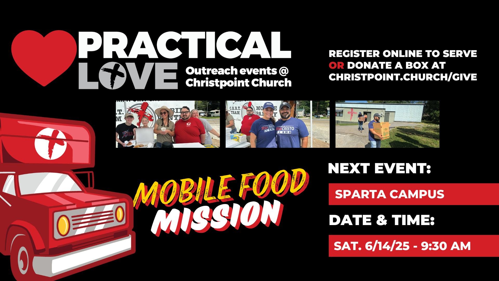 We are ONE WEEK AWAY from our next Practical Love Mobile Food Mission! Don't miss the opportunity to be a part of this powerful ministry and make an impact on our community! 

June 14th at 9:30am