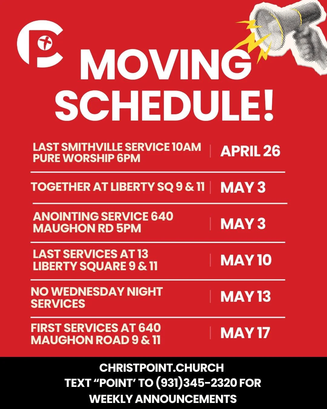 We are counting down the days until moving time! 
Be sure to subscribe to our text alerts by texting the word "POINT" to (931)345-2320 to get the latest announcements delivered right to your inbox.