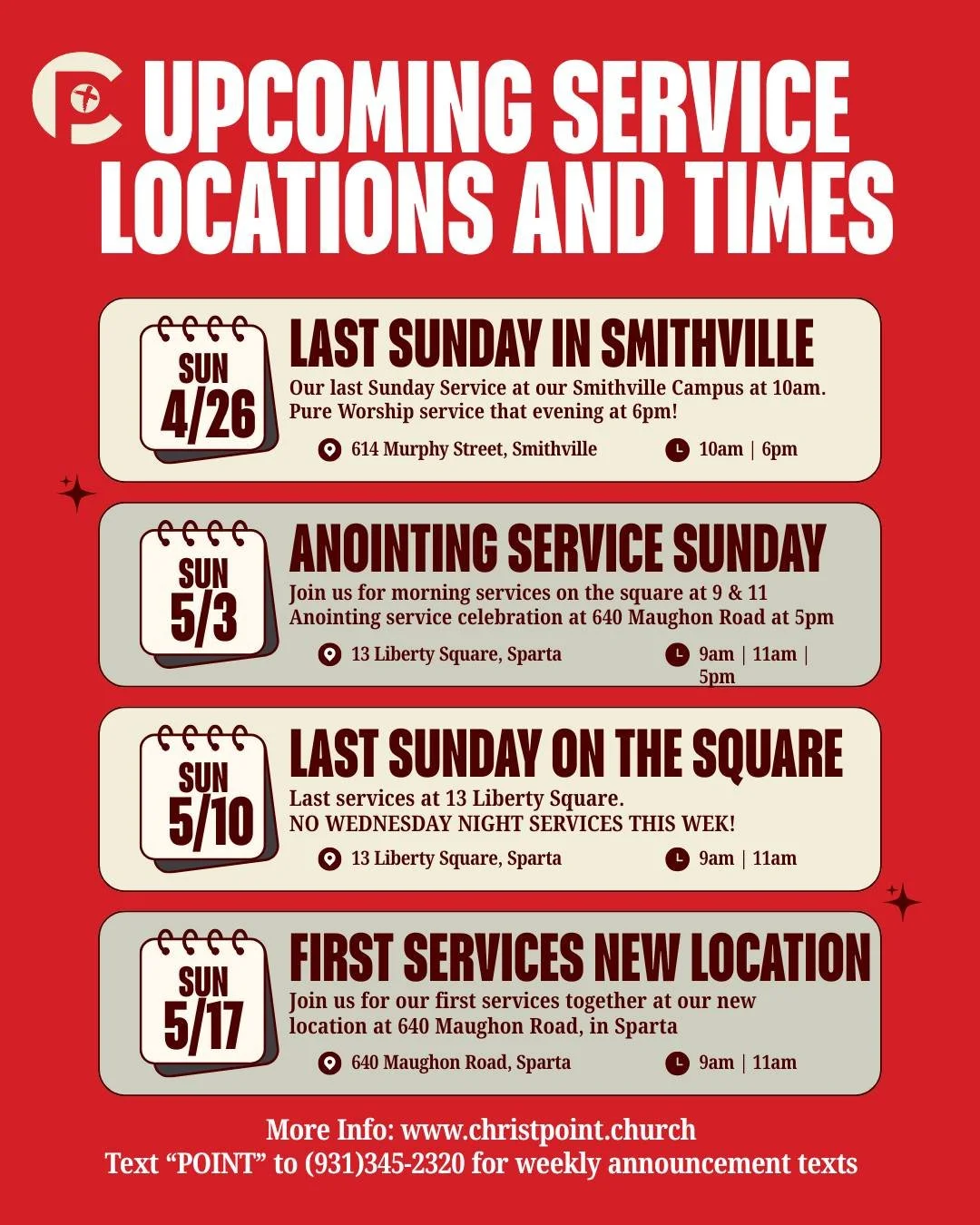 We&rsquo;re stepping into an exciting new chapter! 🙌
As we come together as ONE church, we can&rsquo;t wait to gather in our new home on Maughon Road. Join us for our very first services there on May 17 at 9am &amp; 11am at 640 Maughon Road&mdash;yo