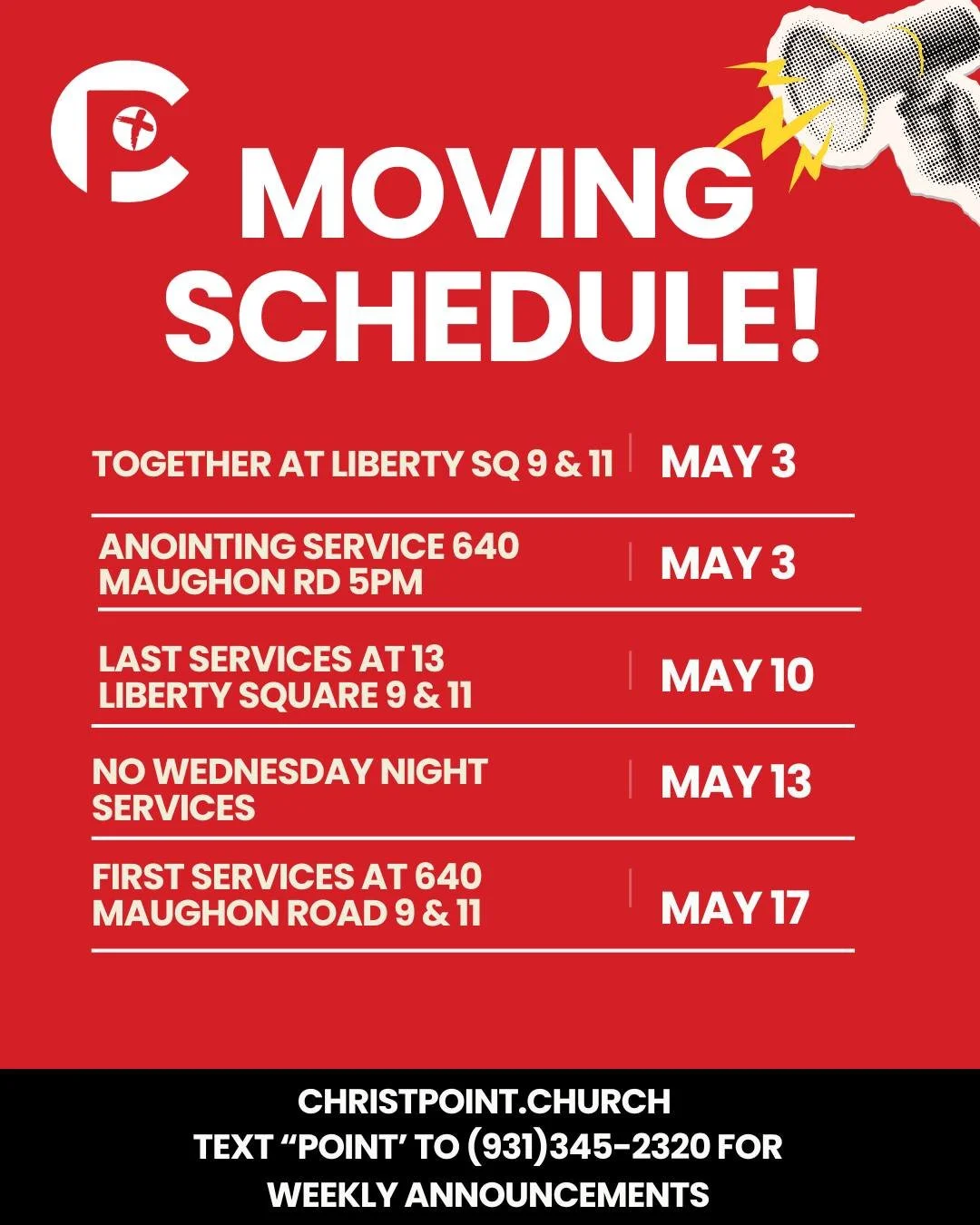We are in the final stages of preparing our new church home, and we can't wait!
We have two more Sundays at 13 Liberty Square before we officially move! Be sure to text "POINT" to (931)345-2320 to receive weekly announcements and updates!