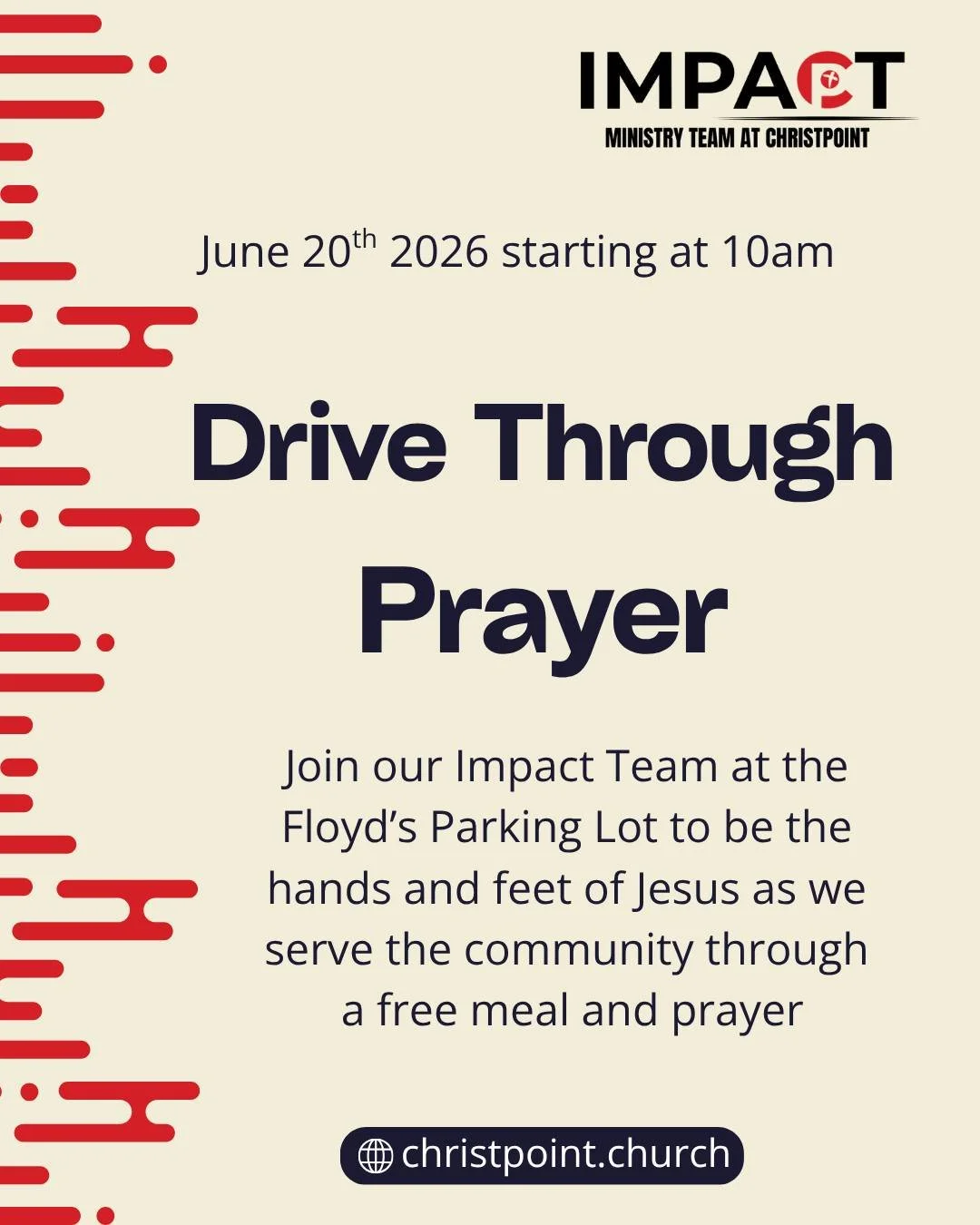 Our Impact Ministry is in full swing, and we'd love for you to be part of it! ❤️

We're passionate about taking the love of Jesus beyond the walls of the church and making a real difference in our community.

🚗 **Drive Through Prayer**
📅 June 20th
