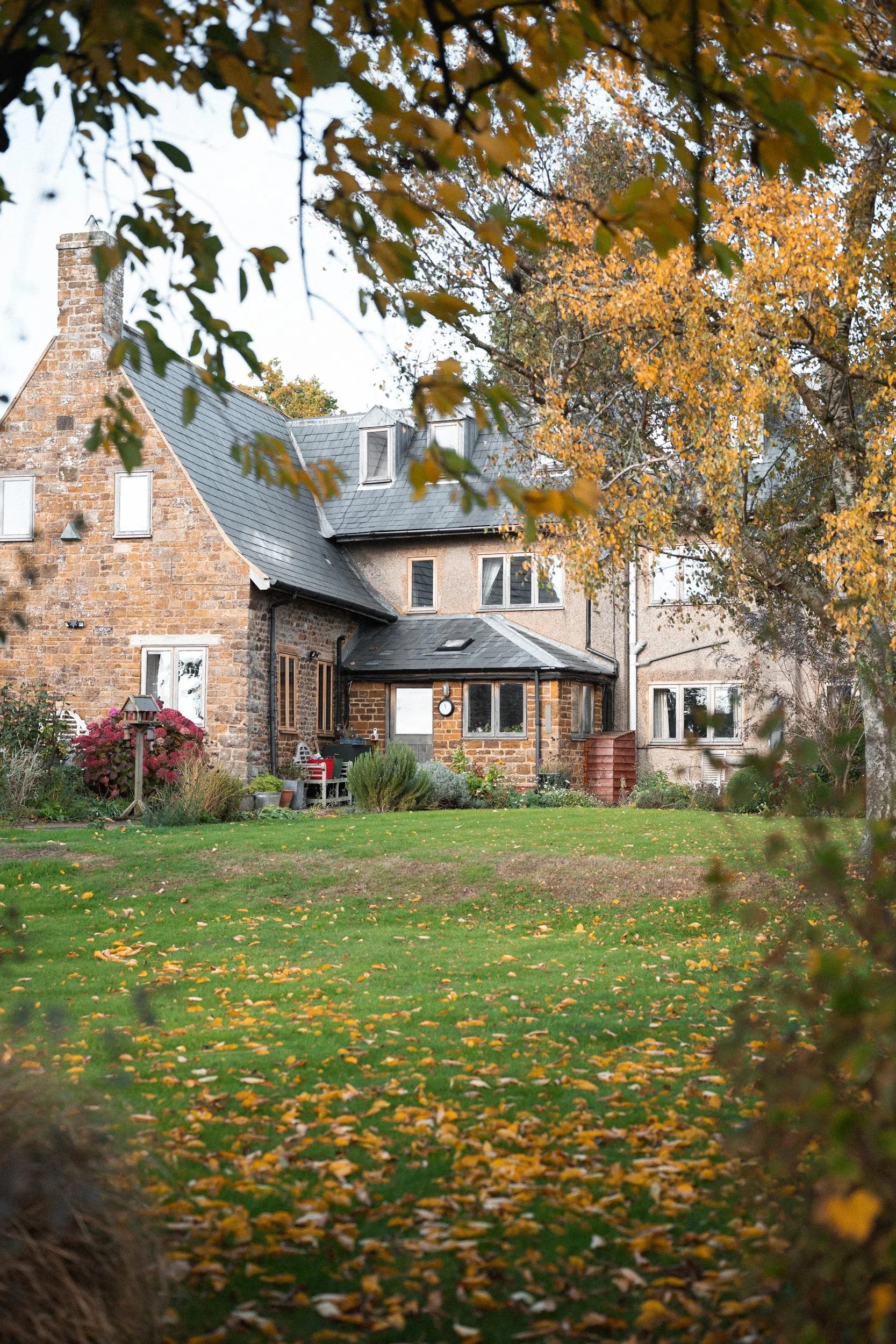 A large house with a stone and stucco exterior, surrounded by a grassy yard with fallen autumn leaves, and trees with orange and green leaves in the background.