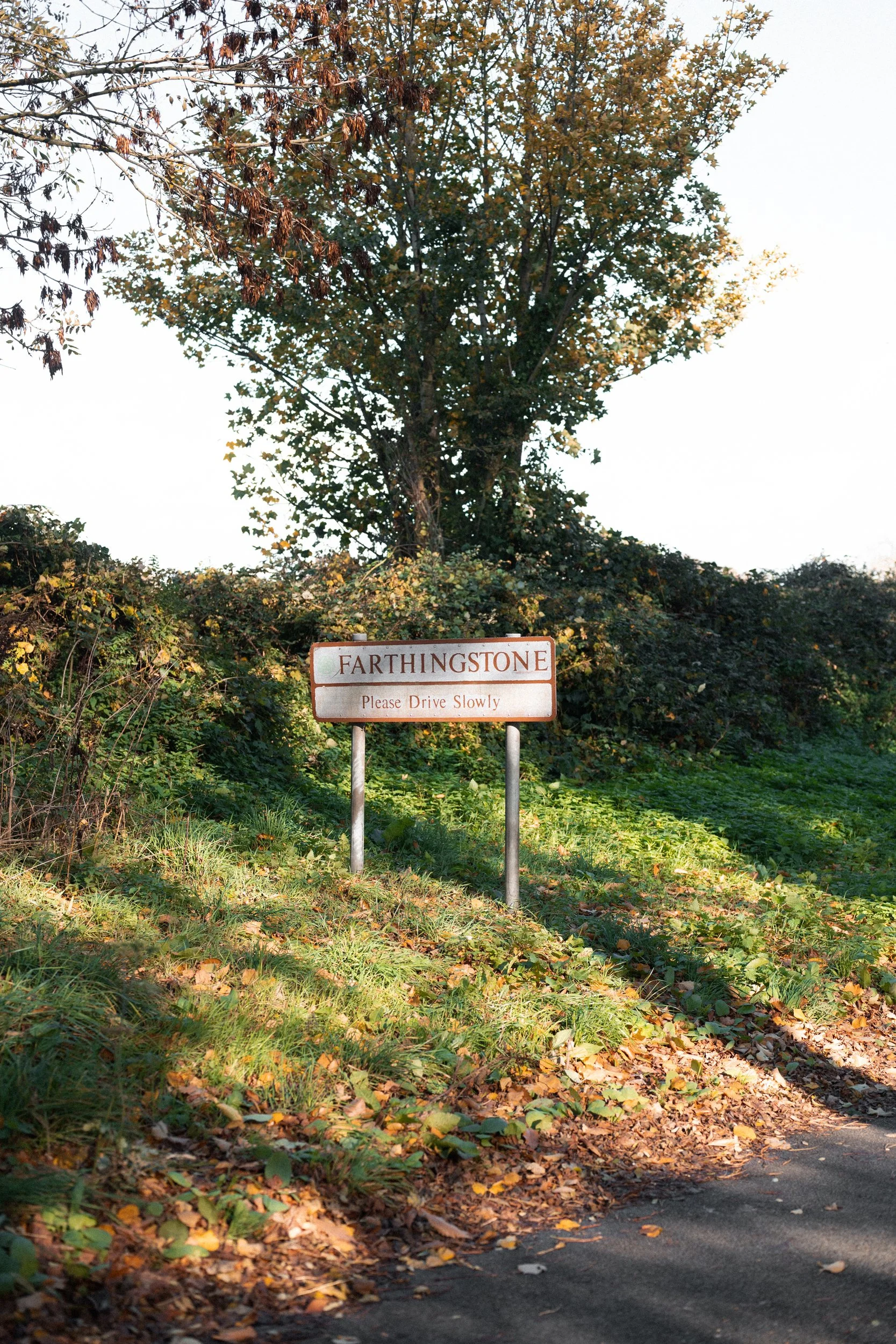 A street sign for Farthingstone with the instruction to drive slowly, placed on a grassy roadside under a tree with autumn foliage.