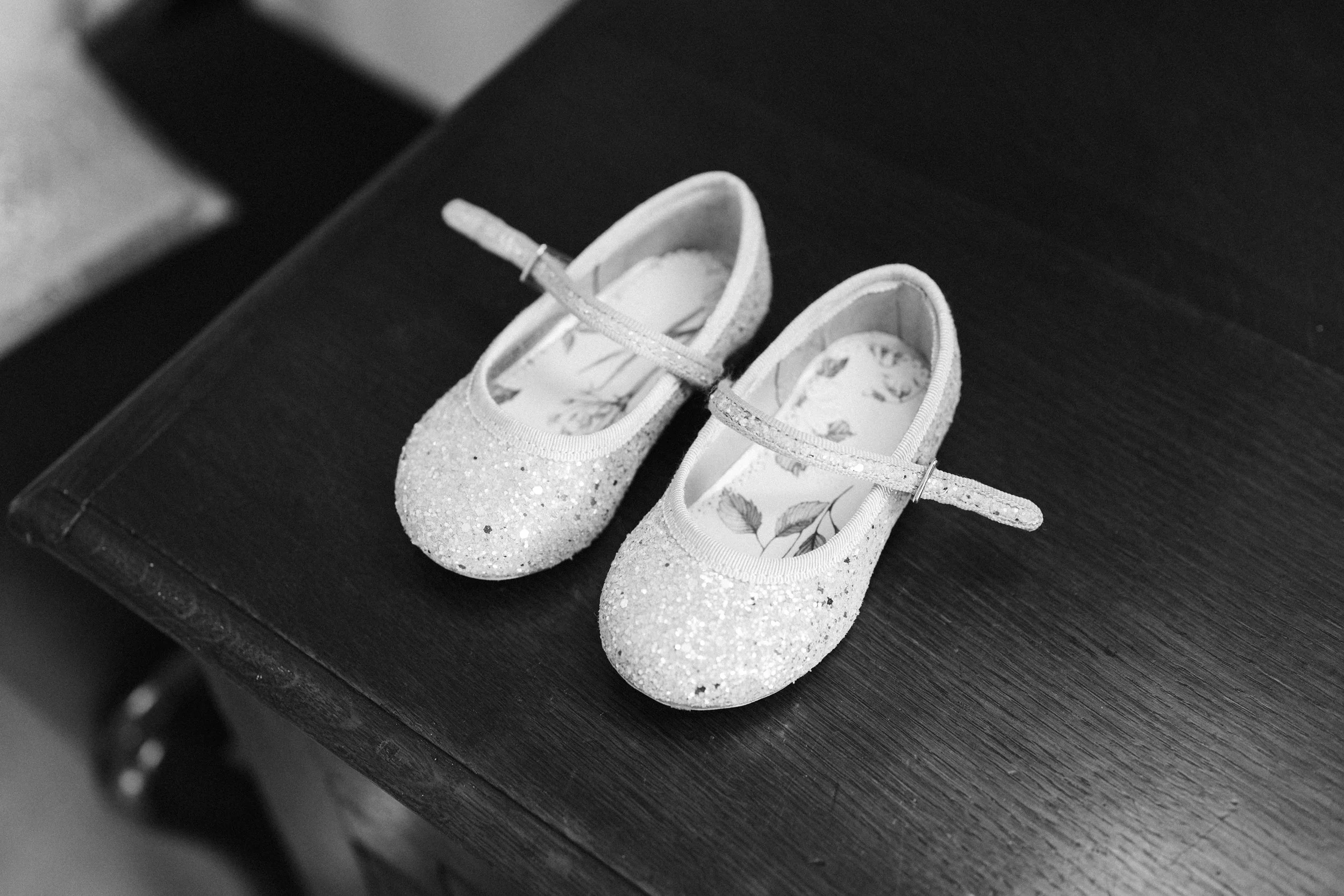 A pair of small, glittery, ballet-style shoes sitting on a dark wooden surface.