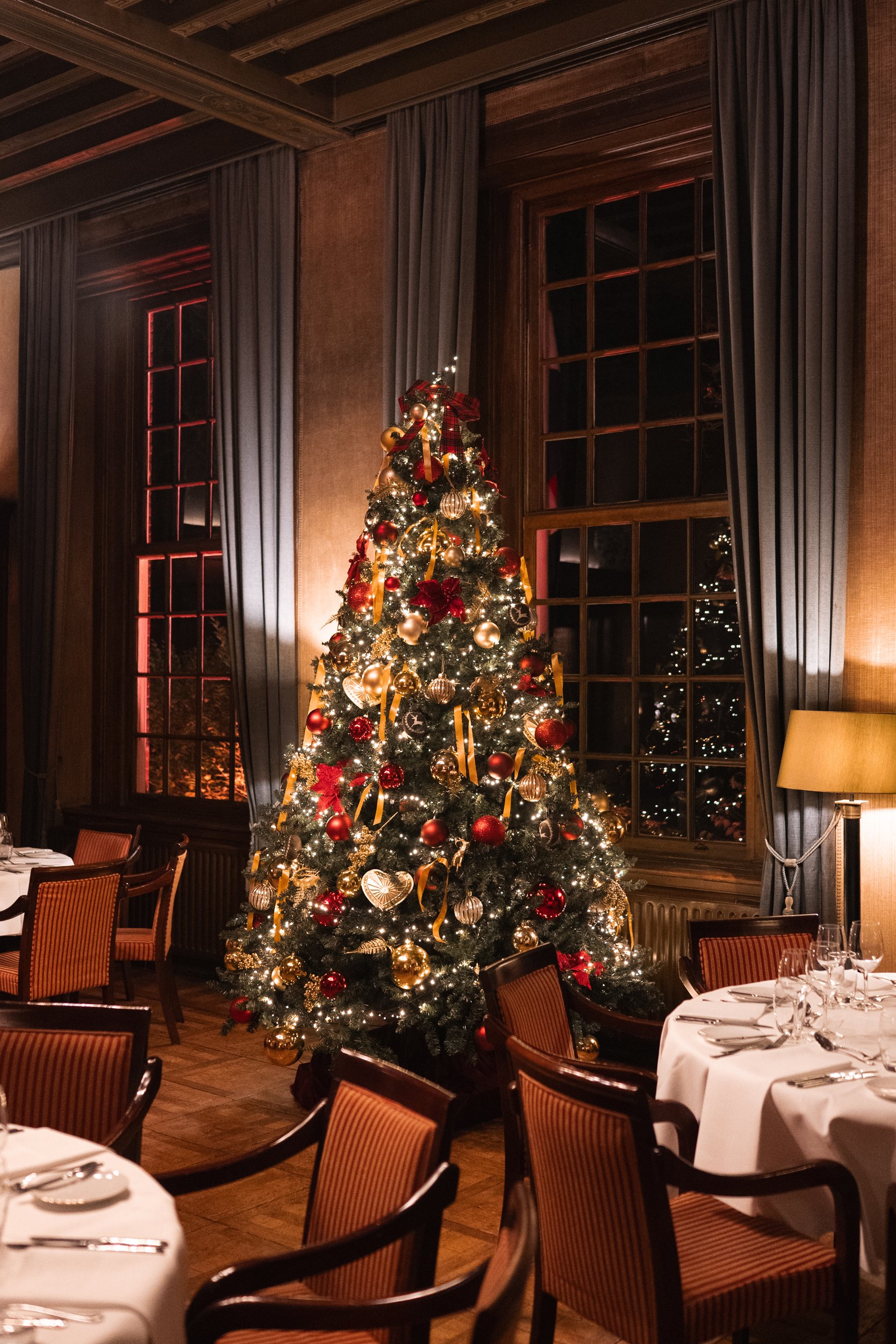A decorated Christmas tree with red and gold ornaments and lights in a dimly lit dining room with tables set for dinner.