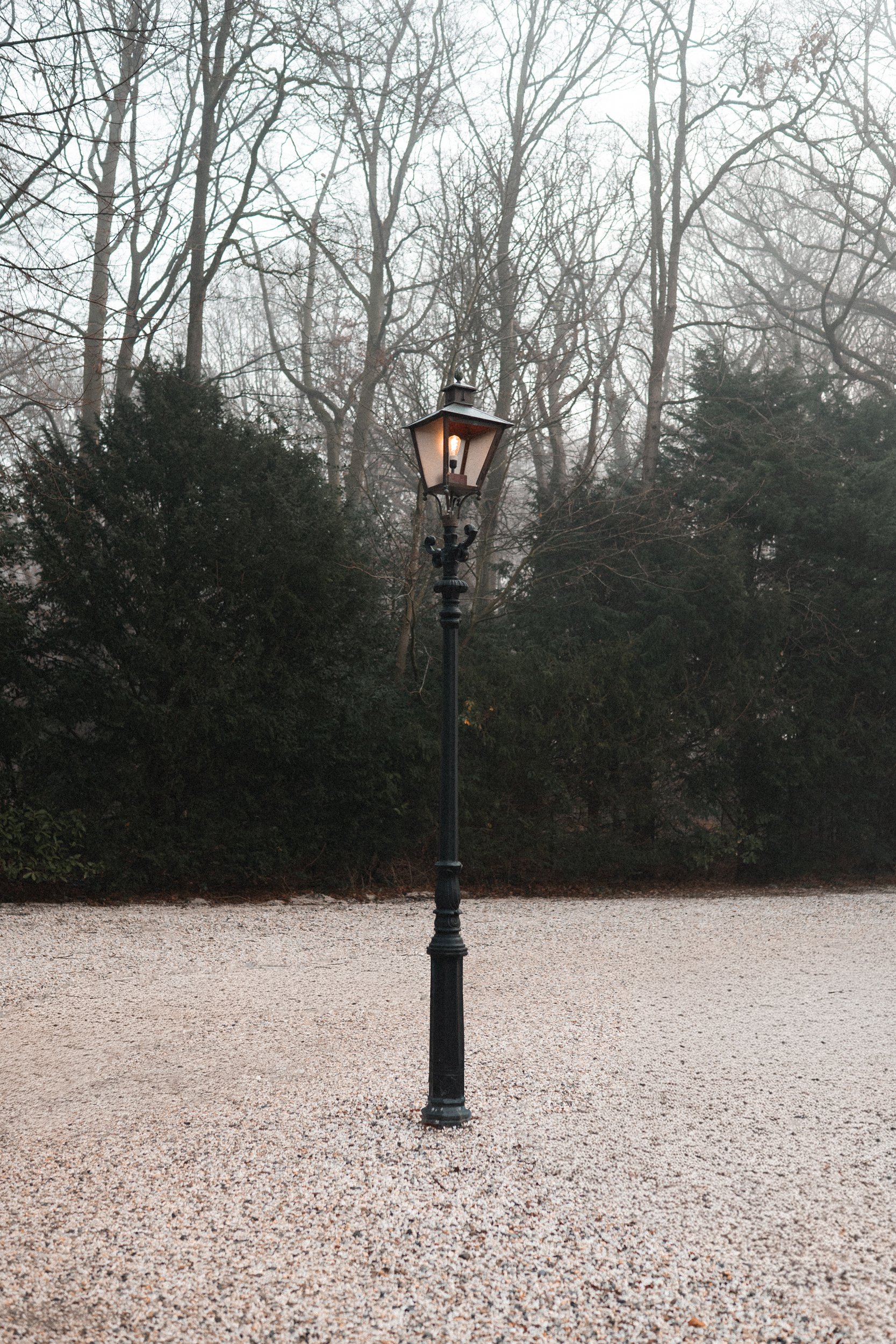 A vintage street lamp with a lit bulb is centered in an outdoor setting with leafless trees and shrubs in the background on a gravel surface.