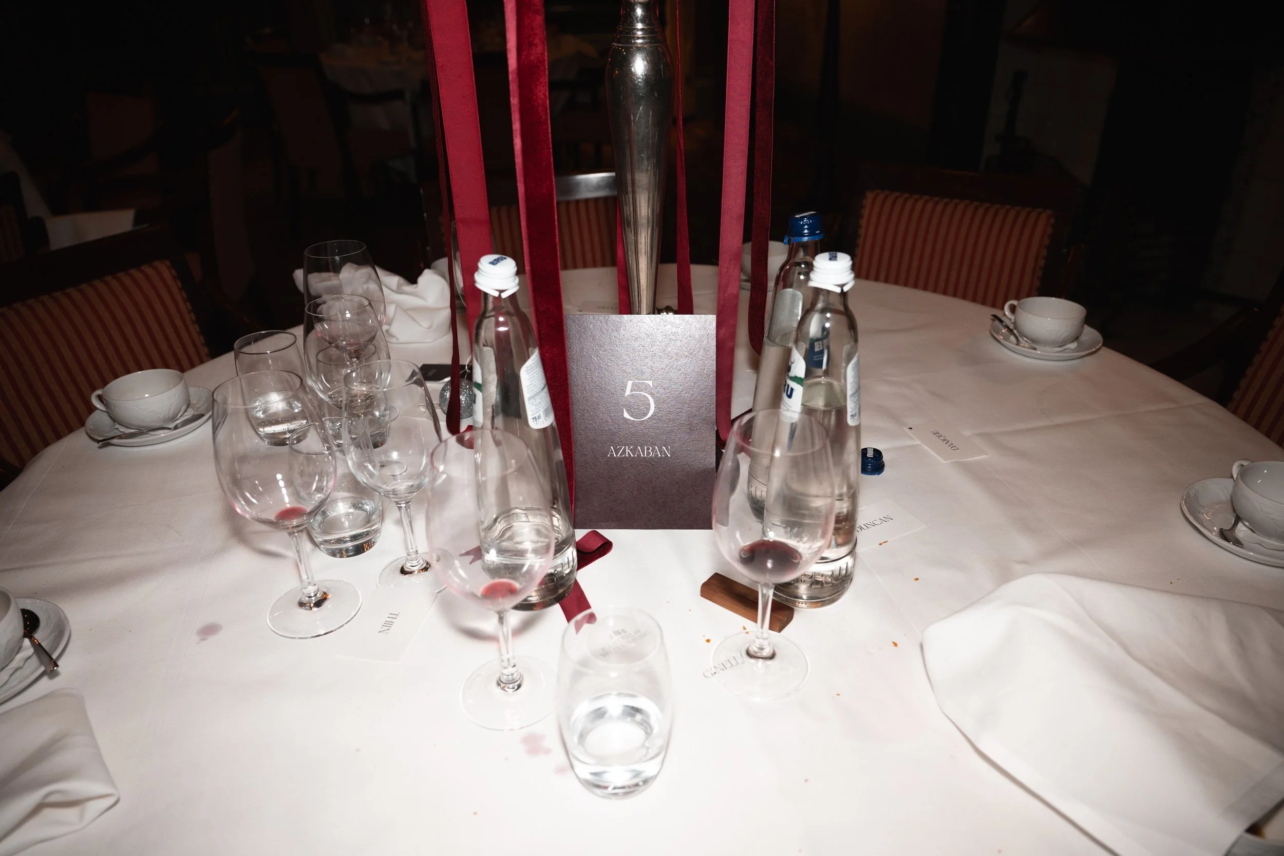 A round dining table set with multiple wine glasses, teacups, and bottles of water, with a table number card labeled '5' and the word 'AZKABAN' on it.