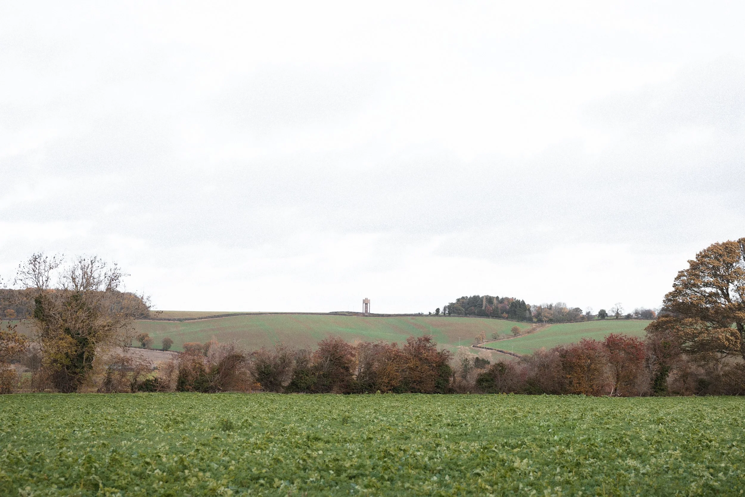 A wide landscape of green fields with trees showing fall colors and a hill in the distance under a cloudy sky.