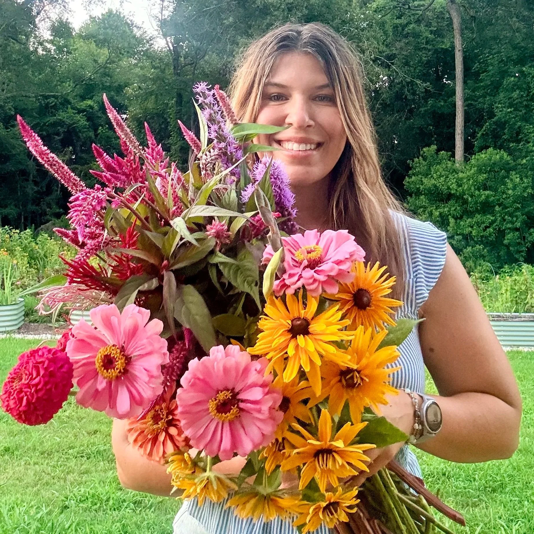 Locally grown blooms in Southeast Texas summertime. Harvest flowers June 2026 Rudbeckia Zinnias Celosia Liatris Pesticide and chemical free