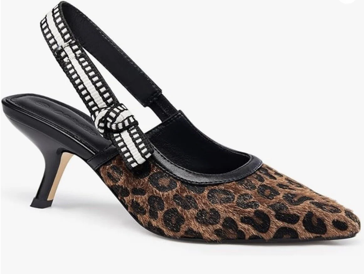 I’m not a sky-high heel girl anymore. These have just enough height to feel polished without making me regret my shoe choice by lunchtime. The leopard print is surprisingly versatile and adds a little fun to all my black, cream, navy, and camel stapl