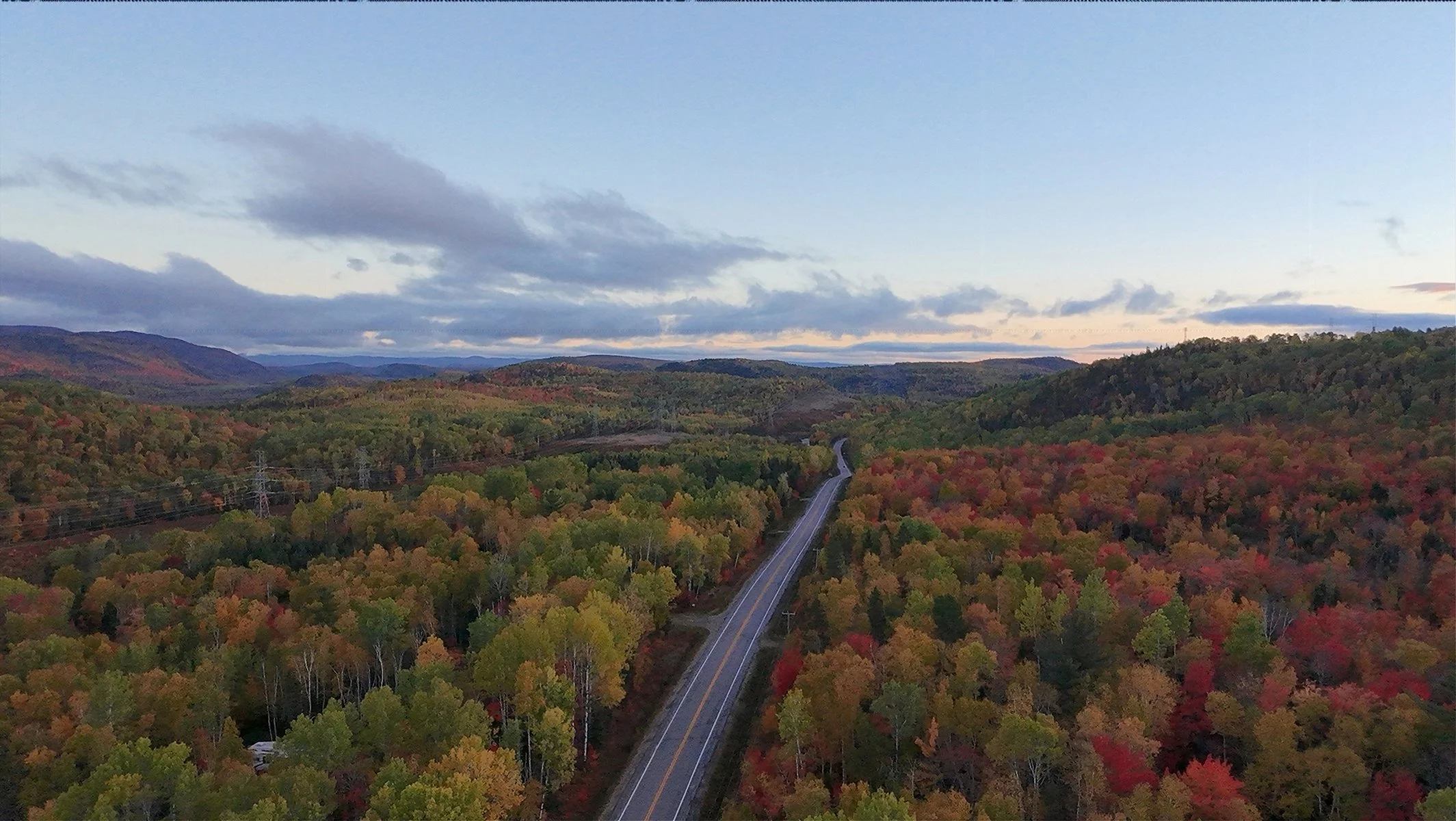 Paysage de montagnes avec forêt aux couleurs d'automne, route sinueuse au centre, ciel nuageux en arrière-plan.