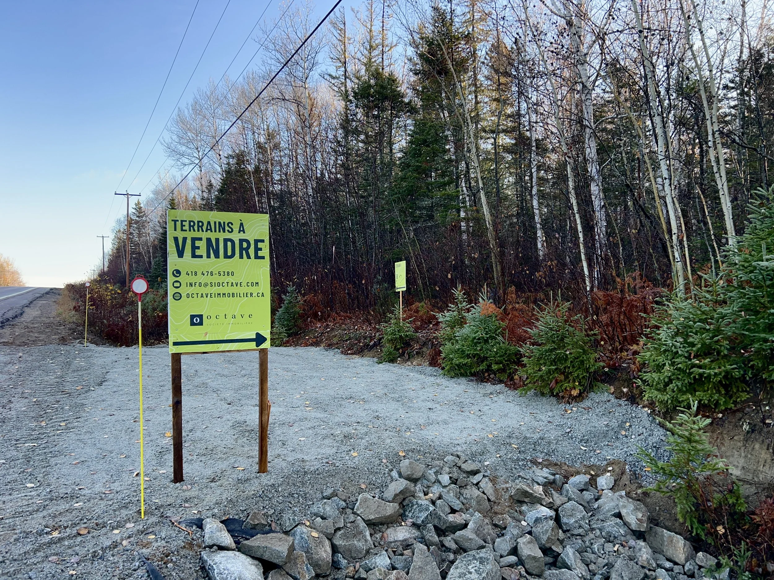 Panneau indiquant des terrains à vendre à côté d'une route en zone boisée, avec des sapins et des arbres dénudés en arrière-plan. Octave Société Immobilier.