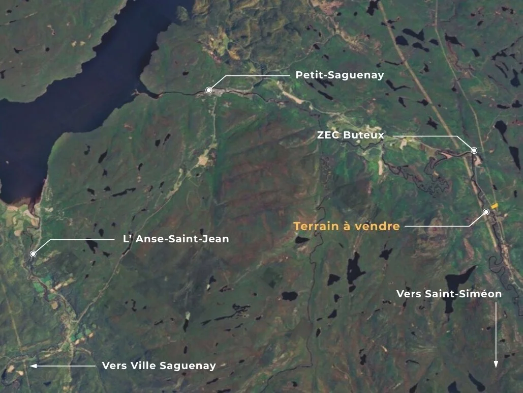 Carte satellite montrant des endroits comme Petit-Saguenay, ZEC Buteux, L'Anse-Saint-Jean, Vers Ville Saguenay et Vers Saint-Siméon, avec une zone indiquée comme terrain à vendre par octave société immobilière.