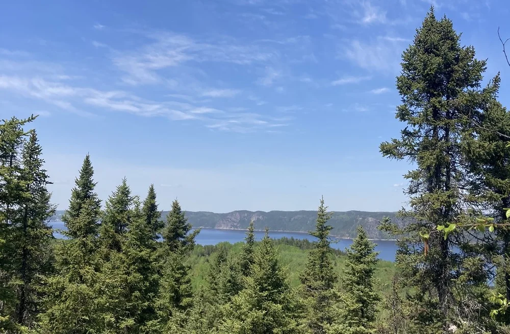 Vue sur le lac et les montagnes depuis le terrain