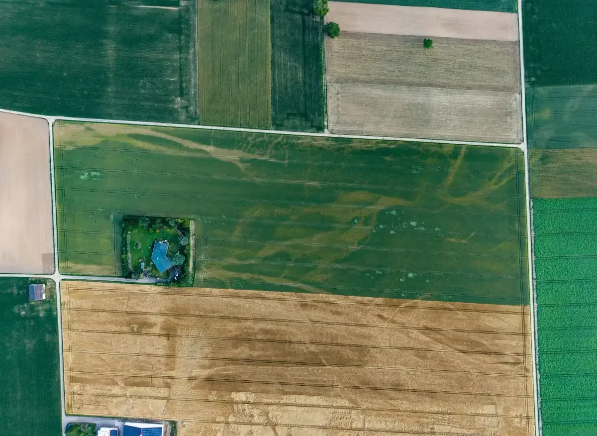 Vue aérienne de lots agricoles découpés en parcelles
